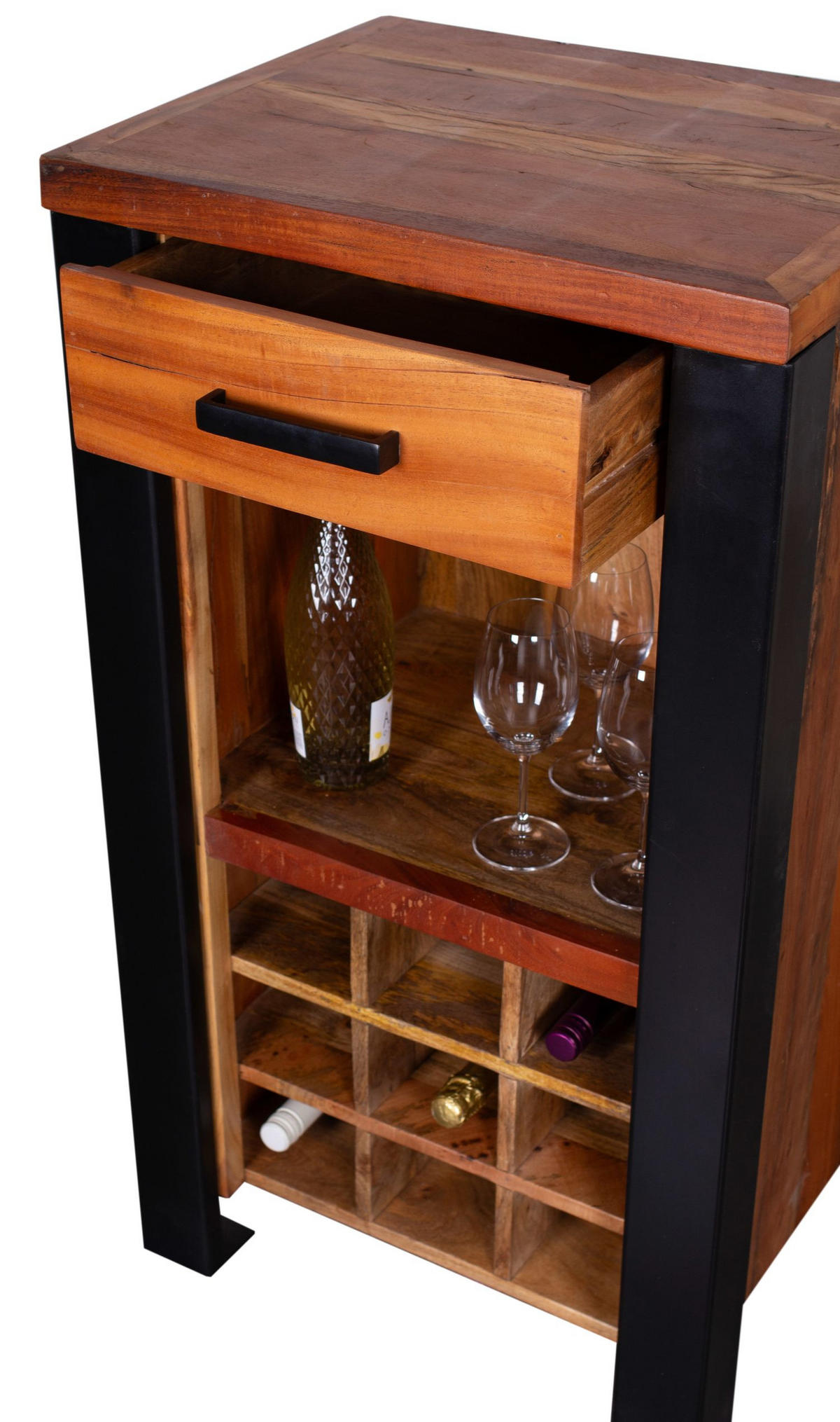 WEINKOMMODE Venosa Oldwood - 56 cm - Mangoholz - Schwarz/Braun, Holz/Metall (56/102/45cm) - bene living