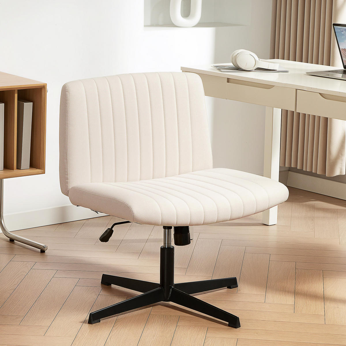 SCHREIBTISCHSTUHL Leinen Cremeweiß - Creme/Schwarz, Textil/Metall (64/83/65cm) - HOMCOM