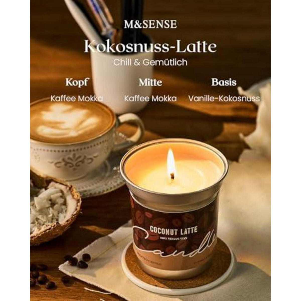 DUFTKERZE Coconut Latte 460g Sojawachs bis 99 Std. Brenndauer - Braun, Glas (7cm)