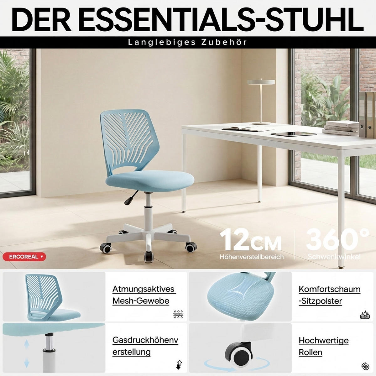 DREHSTUHL Hellblau mit Rollen und Höhenverstellung - Blau, Kunststoff (47/87/44cm) - Oxeza