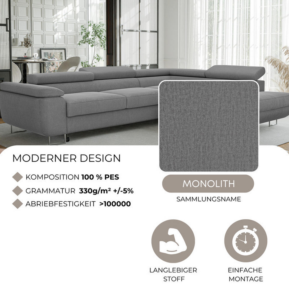 ECKSOFA ANTON mit Schlaffunktion und Bettkasten Dunkelgrau - Dunkelgrau, Holzwerkstoff/Kunststoff (274/203cm) - Idohome