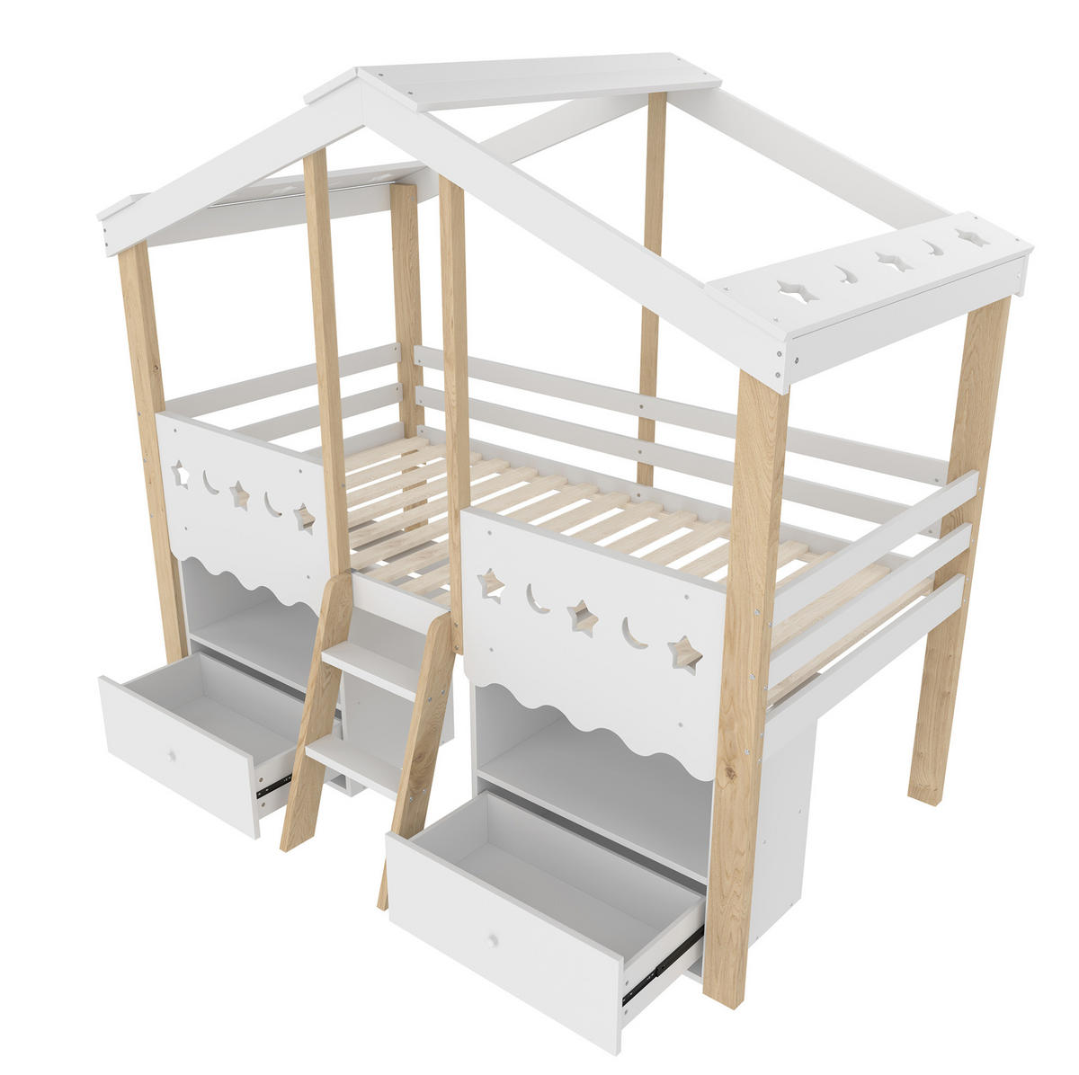 HALBHOHES BETT Hausform 90/200 cm, Weiß/Natur mit LED und Stauraum - Weiß, Holz (90/200cm) - MIVRAY