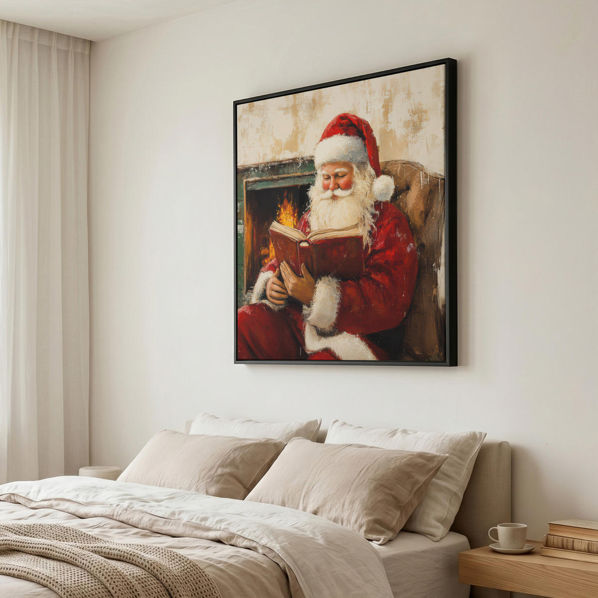 LEINWAND Bilder mit Rahmen - Weihnachten - Weihnachtsmann - Winter - Open Fireside - 90x90 - Dunkelrot, Textil (90/90cm) - MuchoWow