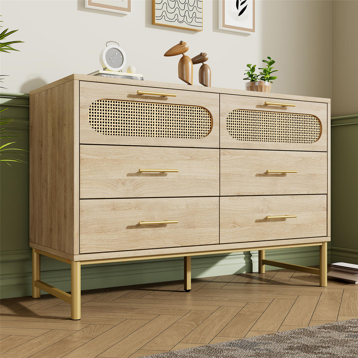 KOMMODE Eiche 120x74x40 cm Rattan 6 Schubladen - Naturfarben, Holz (40/74/120cm) - Kaket