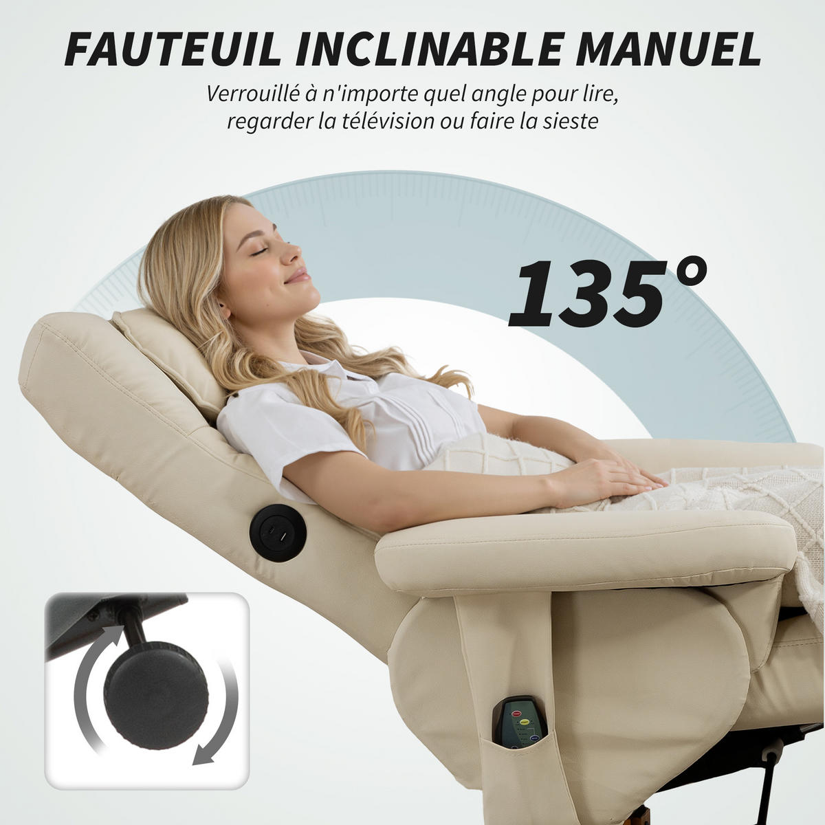 MASSAGESESSEL DE-15403 neigbar mit Staufach und Massage - Creme, Metall (78/93/86cm) - ComfortXL