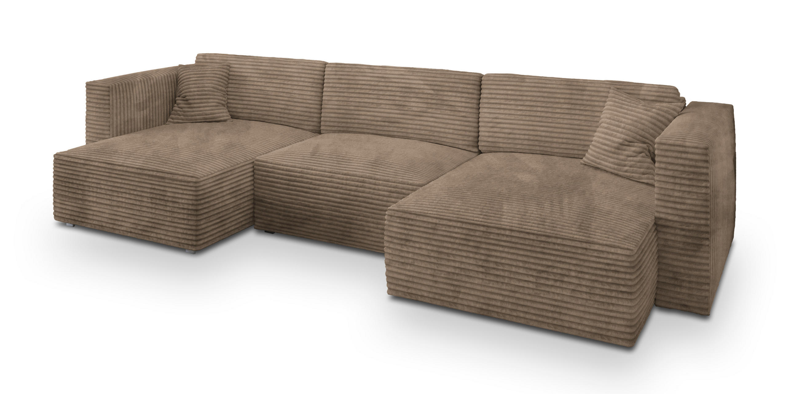 WOHNLANDSCHAFT SARMO Beige Kordstoff mit Schlaffunktion - Beige, Holz (347/90/148cm) - MASSENO