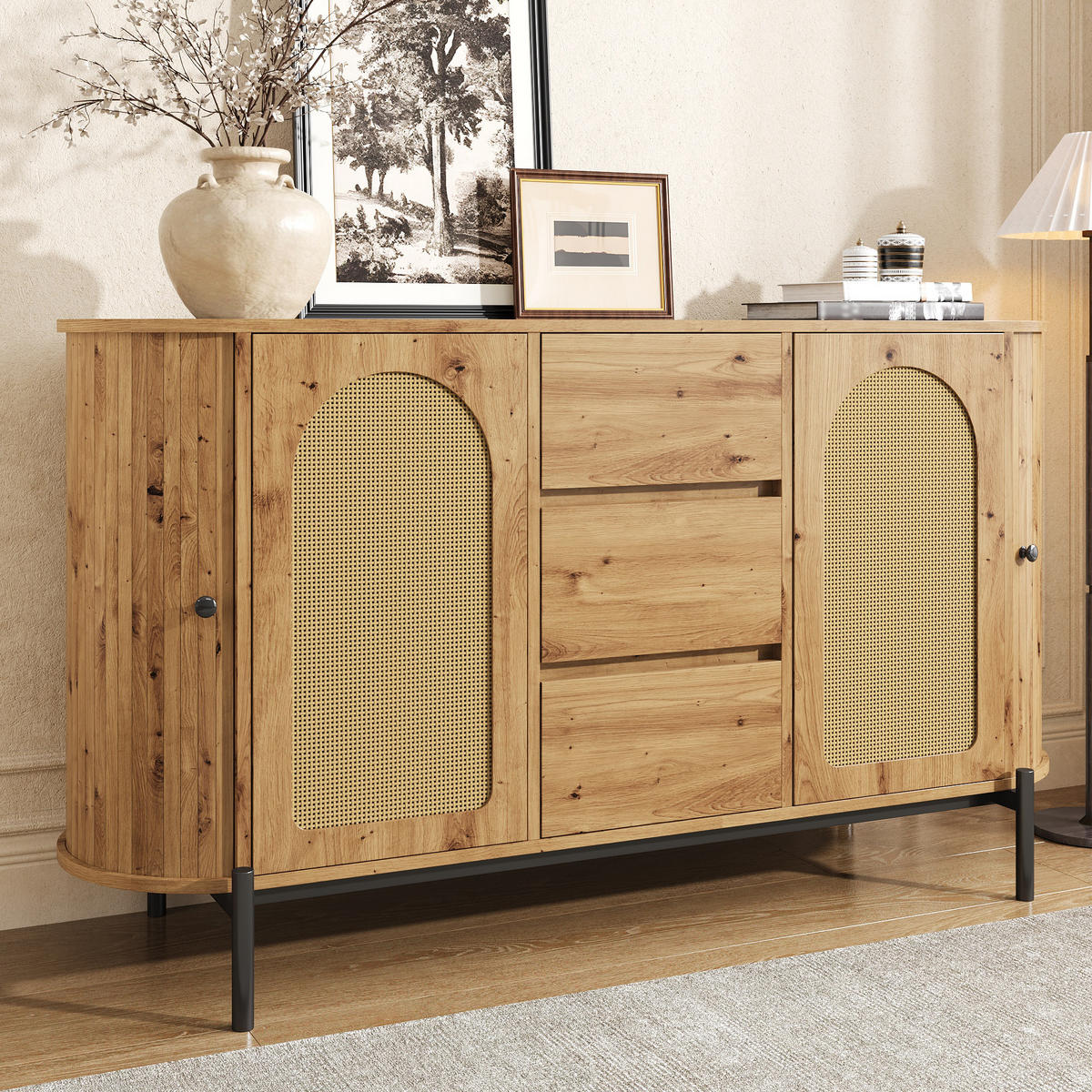 SIDEBOARD oval Rattan Holzoptik - Naturfarben, Holzwerkstoff (140/77.5/38cm)