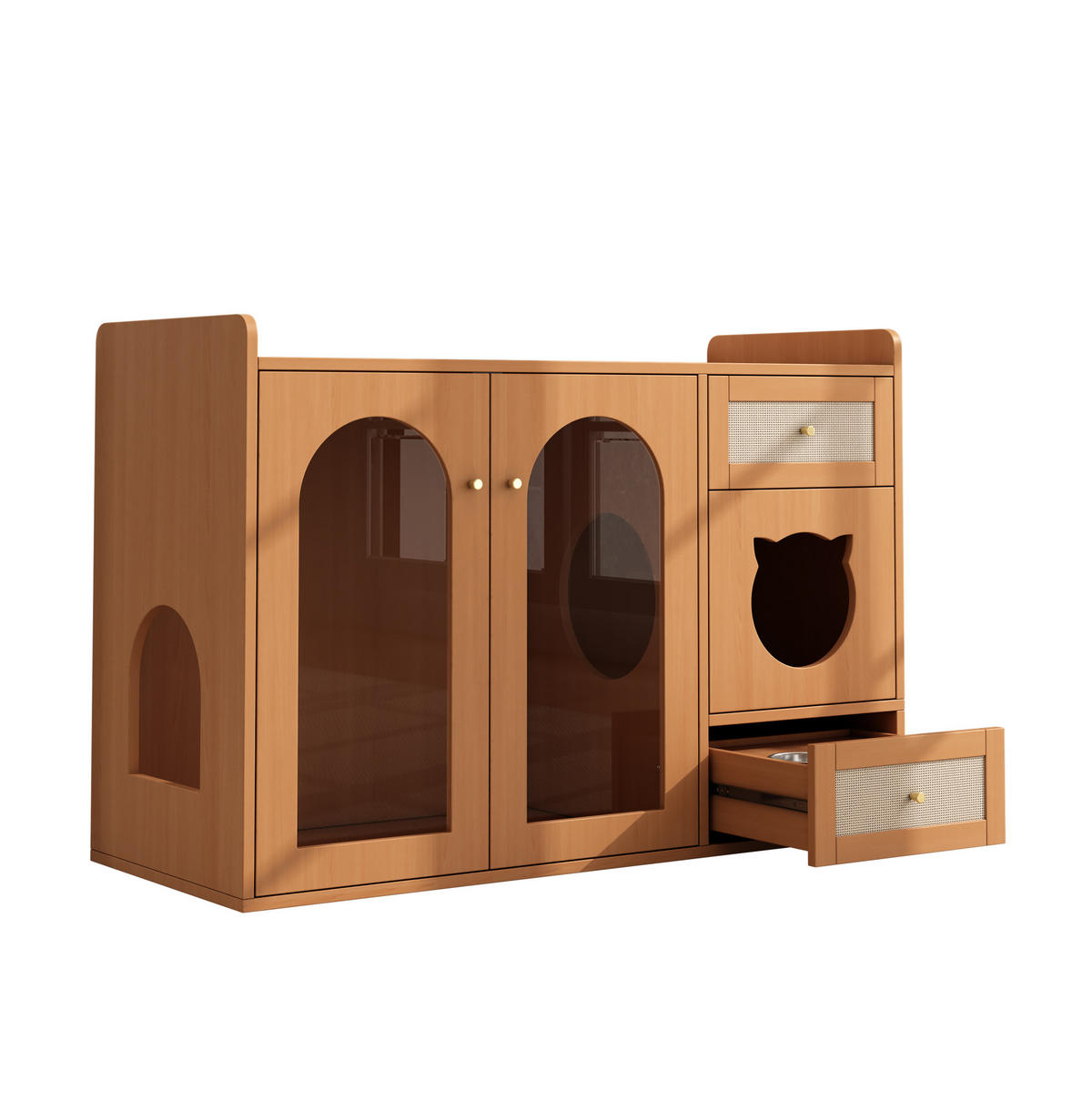 SIDEBOARD 120/45/76 cm, 5-in-1 Katzenmöbel mit verstecktem Katzenklo, Futternapf-Schublade und Nussbaumoptik, Walnuss - Walnussfarben, Holzwerkstoff (120/83/45cm) - Redom