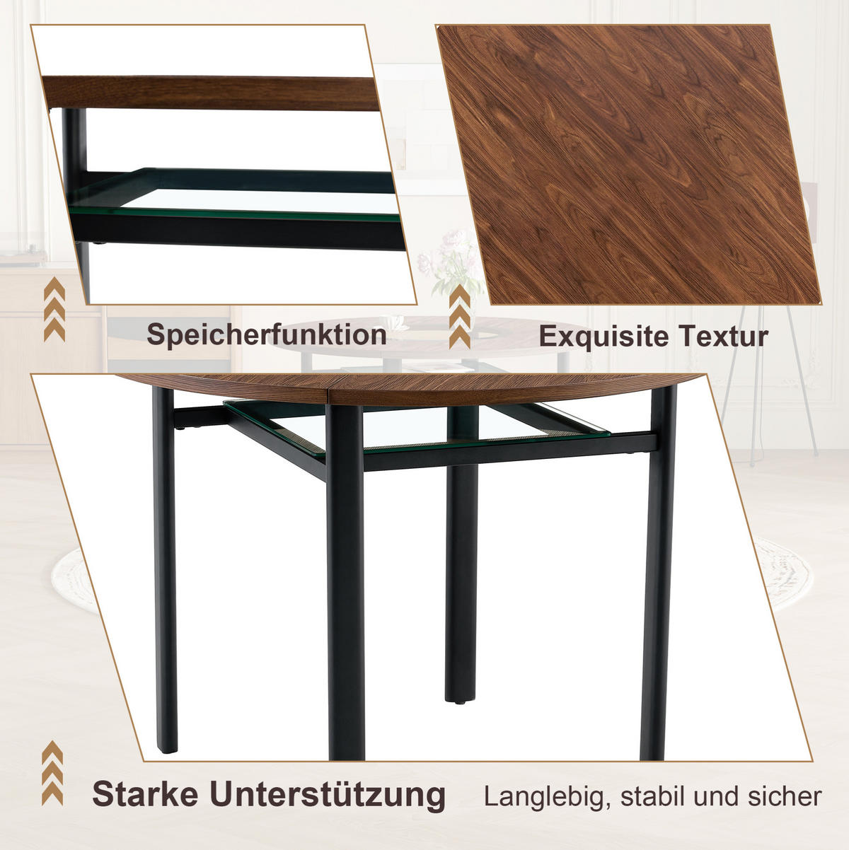 ESSTISCH 100 cm Braun/Schwarz aus Glas, Metall und MDF mit Glasintarsie - Braun, Holzwerkstoff (100/100/76cm) - OKMYHOME