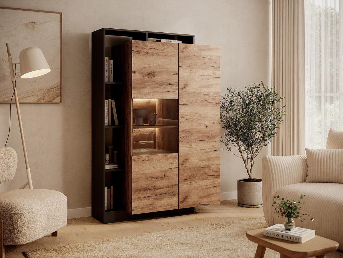VITRINENSCHRANK - 110 cm x 43.6 cm - Glas, Holz, Platte - Anthrazitgrau, Naturfarben Hell - IDESIA - Anthrazit/Naturfarben, Glas/Holz (110/165.2/43.6cm) - Vente-Unique