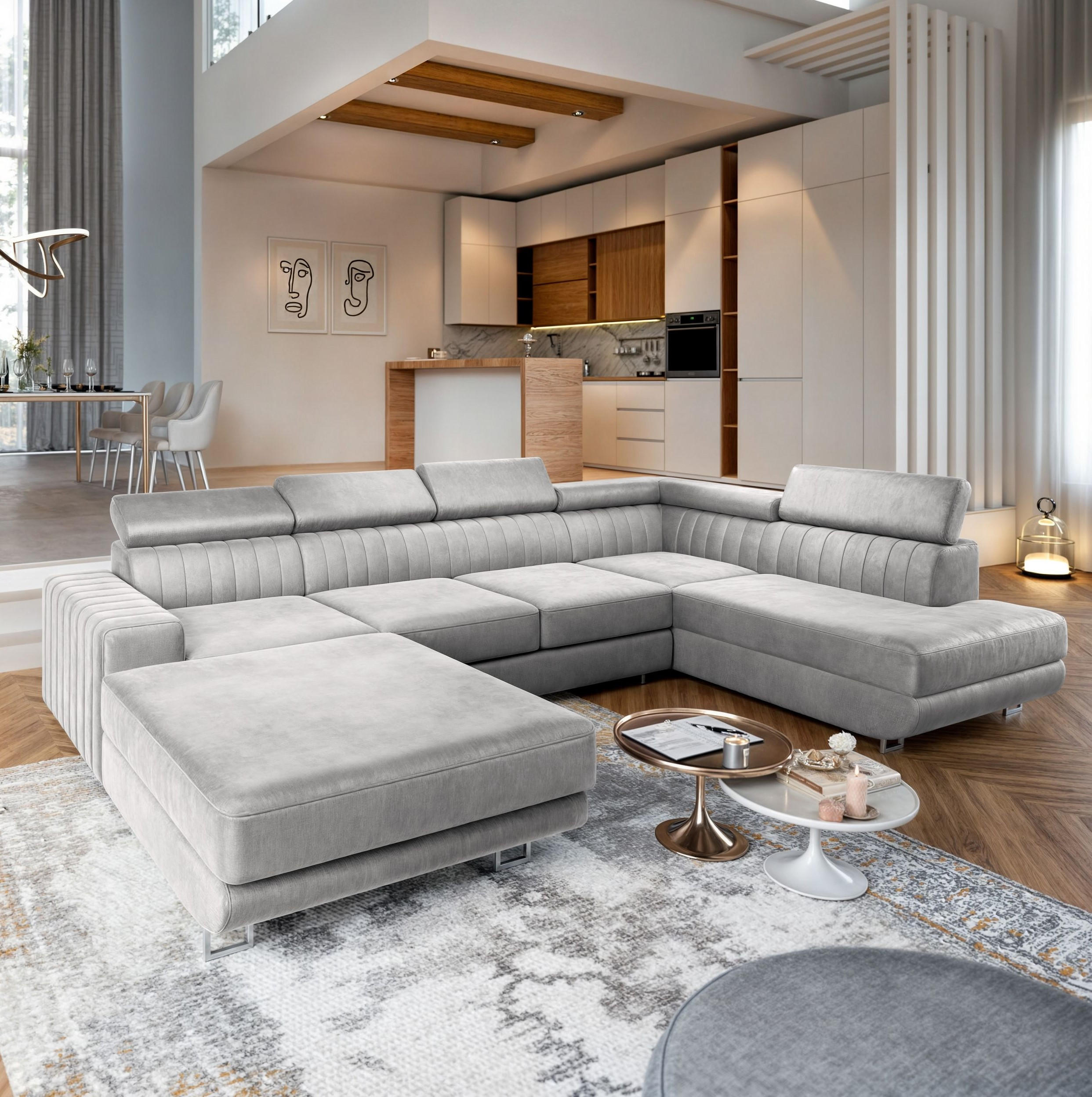 WOHNLANDSCHAFT SIENA R-S Hellgrau Velours-Stoff mit Schlaffunktion - Hellgrau, Holz (335/89/190cm) - MASSENO