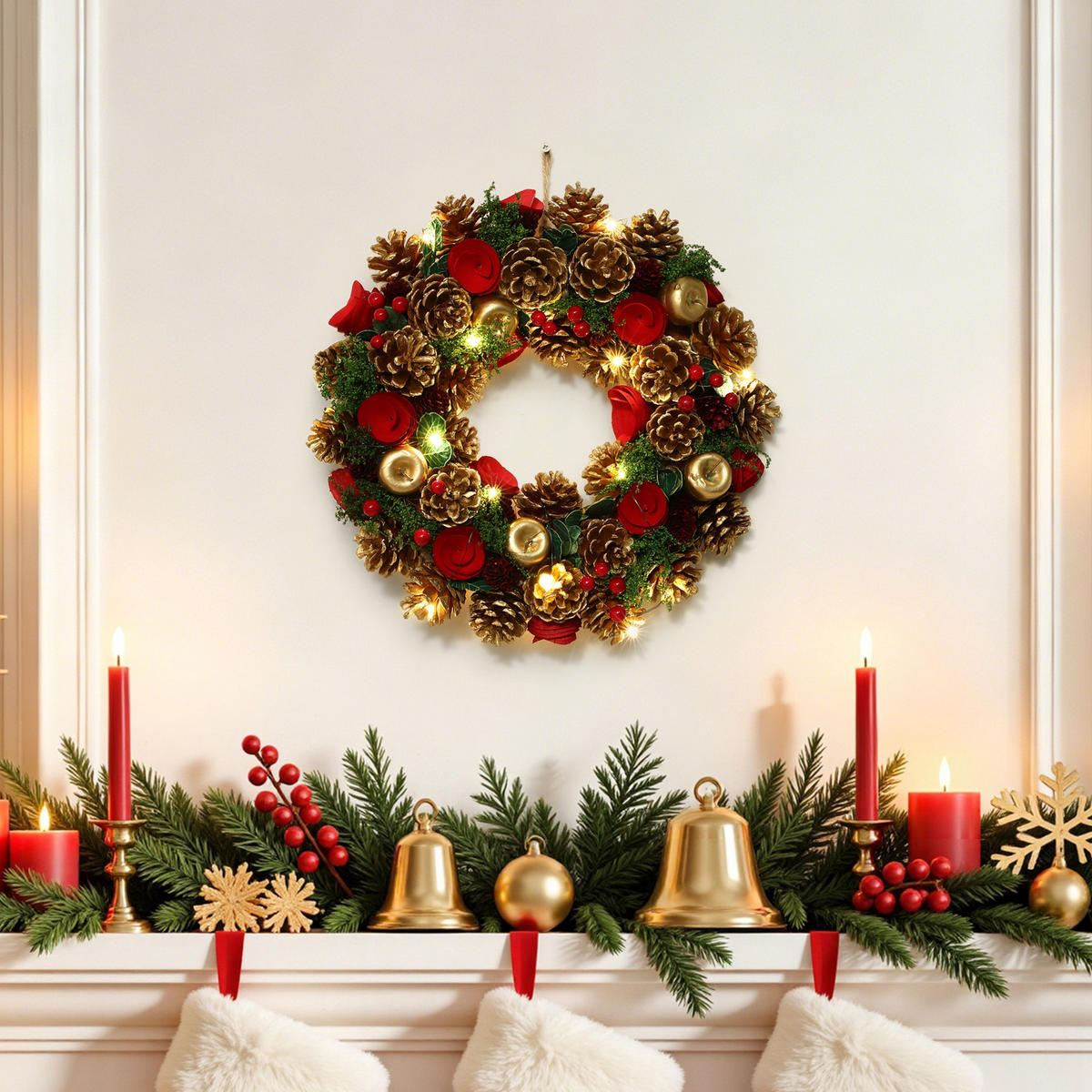 WEIHNACHTSKRANZ mit 15 LEDs, Timer, Zapfen & Blüten - Dunkelgrün, Naturmaterialien (34cm) - Hometopia