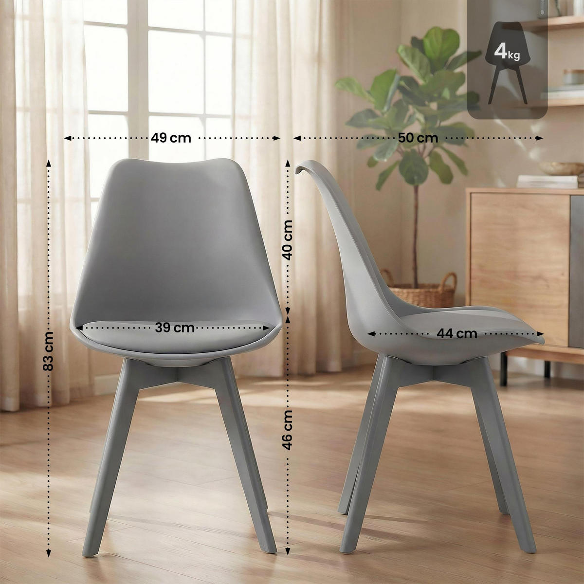 STUHL 4er Set Kunststoff grau/grau - Eukalyptusholzfarben/Grau, Holz/Kunststoff (49/83/50cm) - CLP