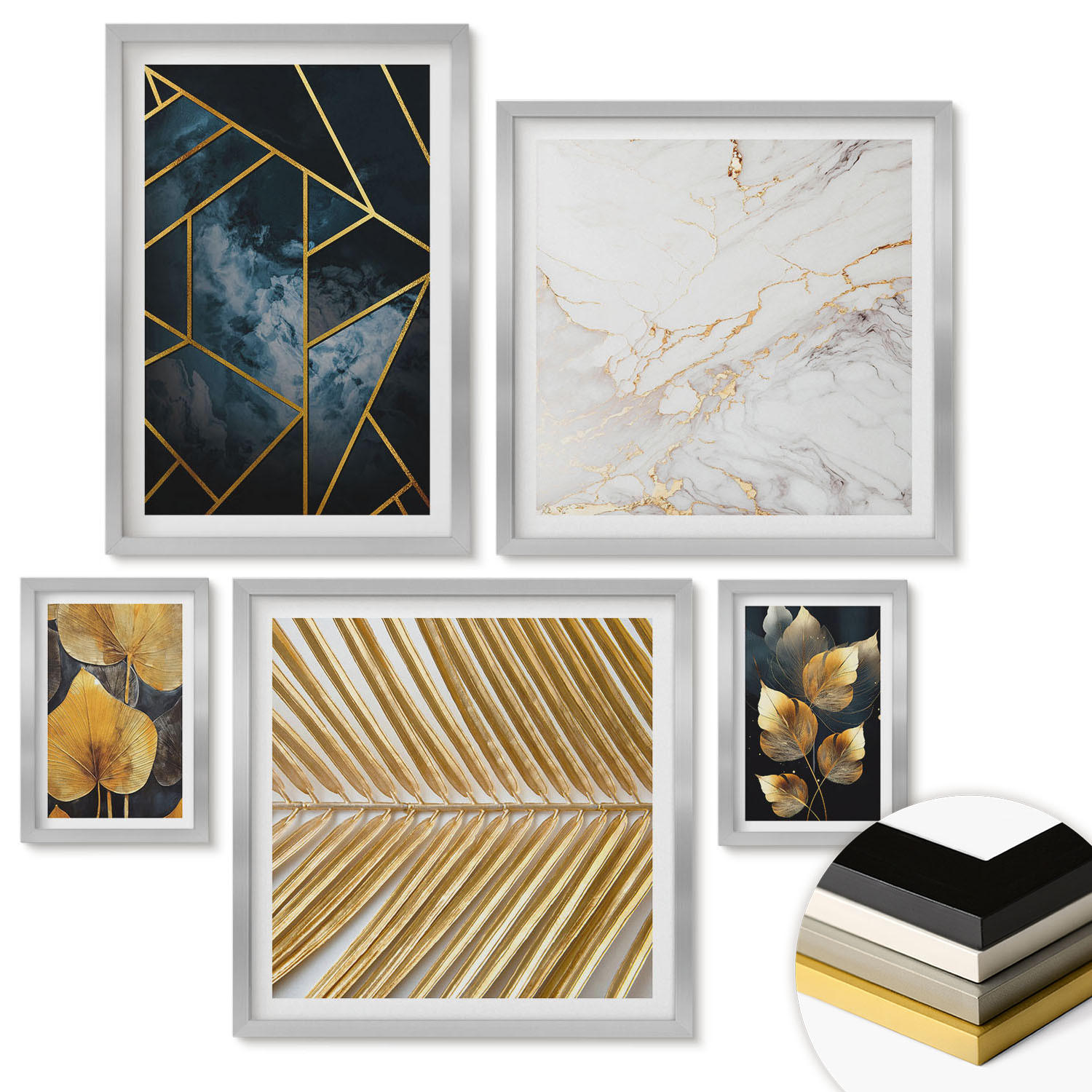 WANDBILDER 5er Set - 50x50 cm & 20x30 cm & 40x60 cm Silberner Rahmen - Moderne Pflanzenmuster - Silberfarben, Kunststoff (40/60cm) - ArtPrintCave