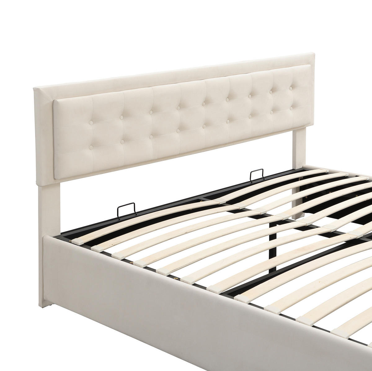 POLSTERBETT 160/200 cm Beige Samt mit Stauraum hydraulischer Bettkasten und höhenverstellbarem Kopfteil - Beige, Textil (160/200cm) - OKWISH