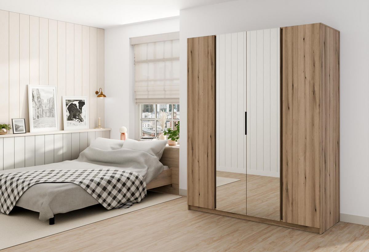 KLEIDERSCHRANK Nehir Eiche Evoke 200 cm - 4T Modern mit 2 Spiegeln mittig - Eichefarben, Holzwerkstoff/Kunststoff (200/239/61.9cm) - AX Living
