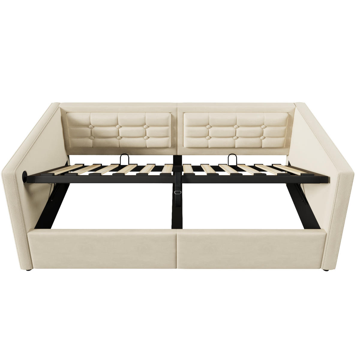 BETT 90/200 cm Beige mit hydraulischem Stauraum und USB- und Type-C-Anschlüssen - Beige, Textil (90/200cm) - OKWISH