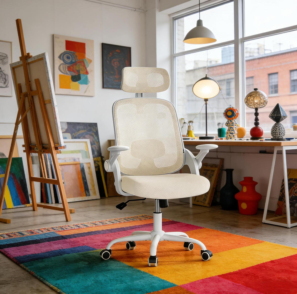 BÜROSTUHL in Beige 47x63,5x117,5 cm mit hoher Netzrückenlehne und verstellbarer Kopfstütze - Beige, Metall (63.5/117.5/47cm) - IVMEU