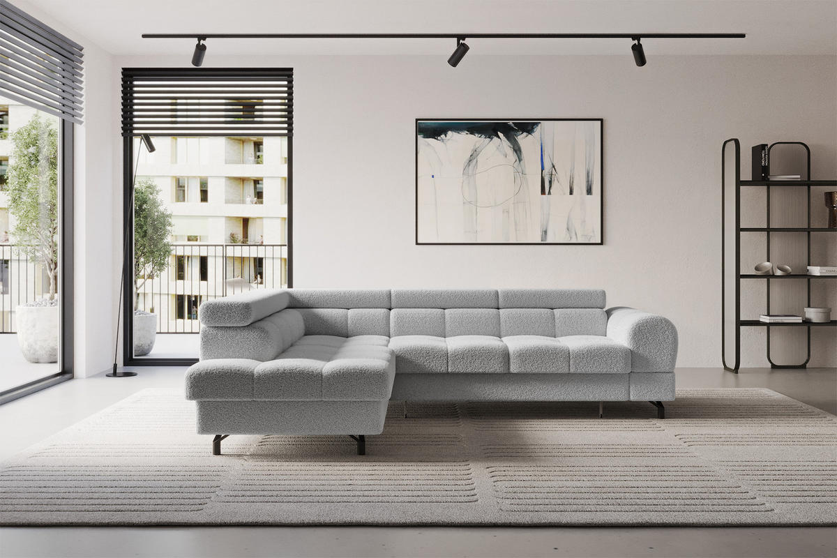 ECKSOFA mit Schlaffunktion Ottomane Links LUMA-L 272x203x70 Hellgrau Bouclé - Edelstahlfarben/Schwarz, Holzwerkstoff/Kunststoff (272/203cm) - ALTDECOR