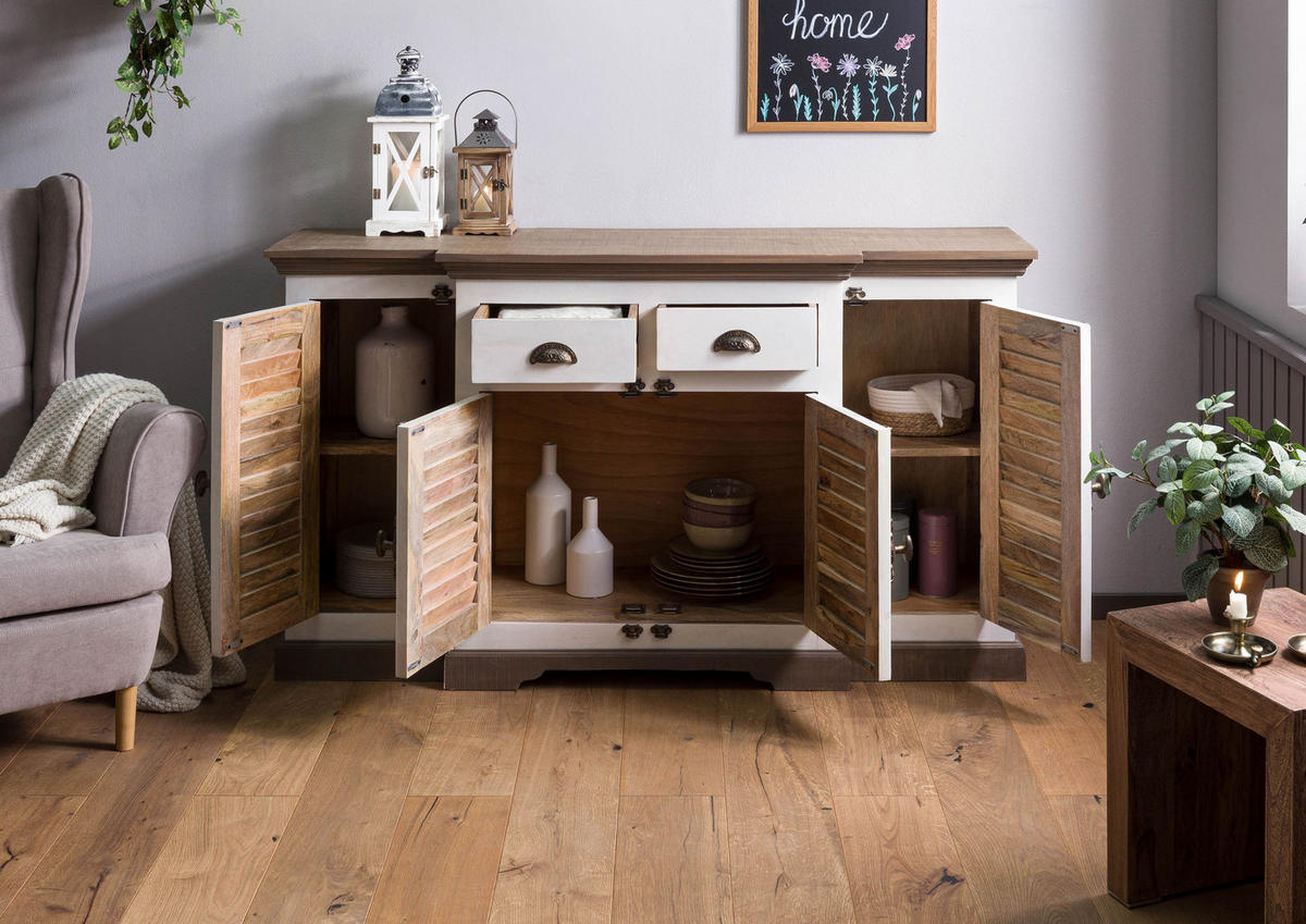 SIDEBOARD Mango 160x45x90 weiß lackiert TOULOUSE #108 - Weiß, Holz (160/90/45cm) - Massivmoebel24