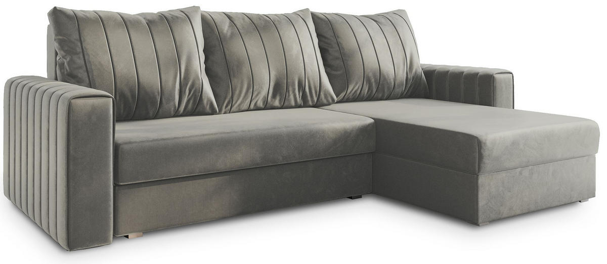 ECKSOFA CARL Hellgrau Plüsch-Stoff mit Schlaffunktion - Hellgrau, Holz (236/150cm) - MASSENO