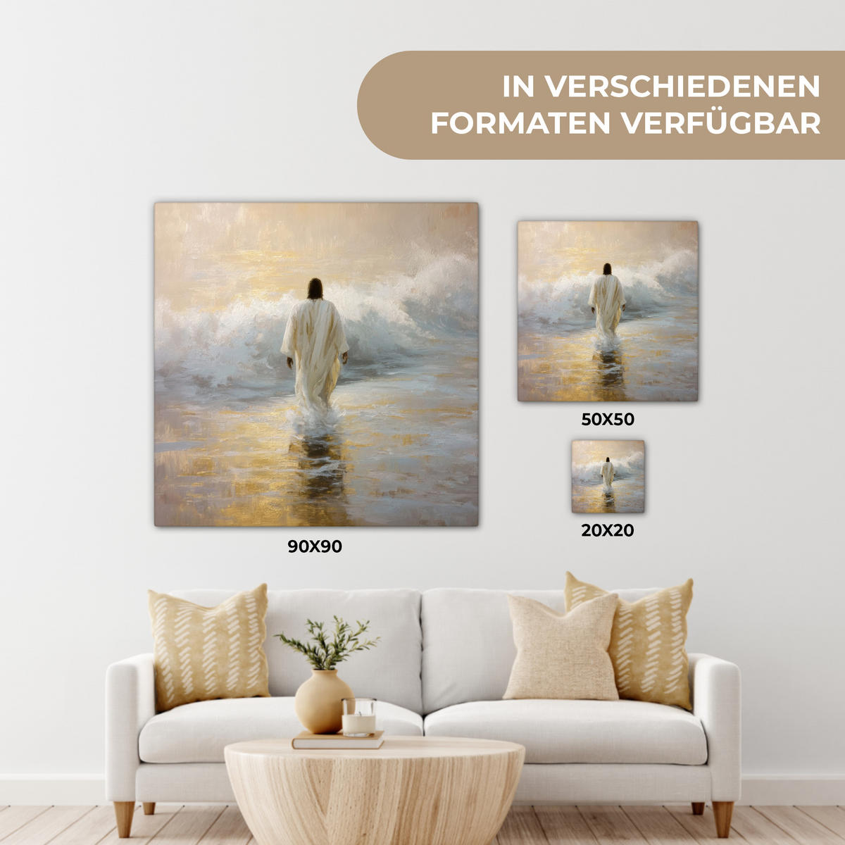 LEINWANDBILD Gemälde - Welle - Jesus - Abstrakt Wandbild Wohnzimmer 50x50 cm - Goldfarben, Textil (50/50cm) - MuchoWow
