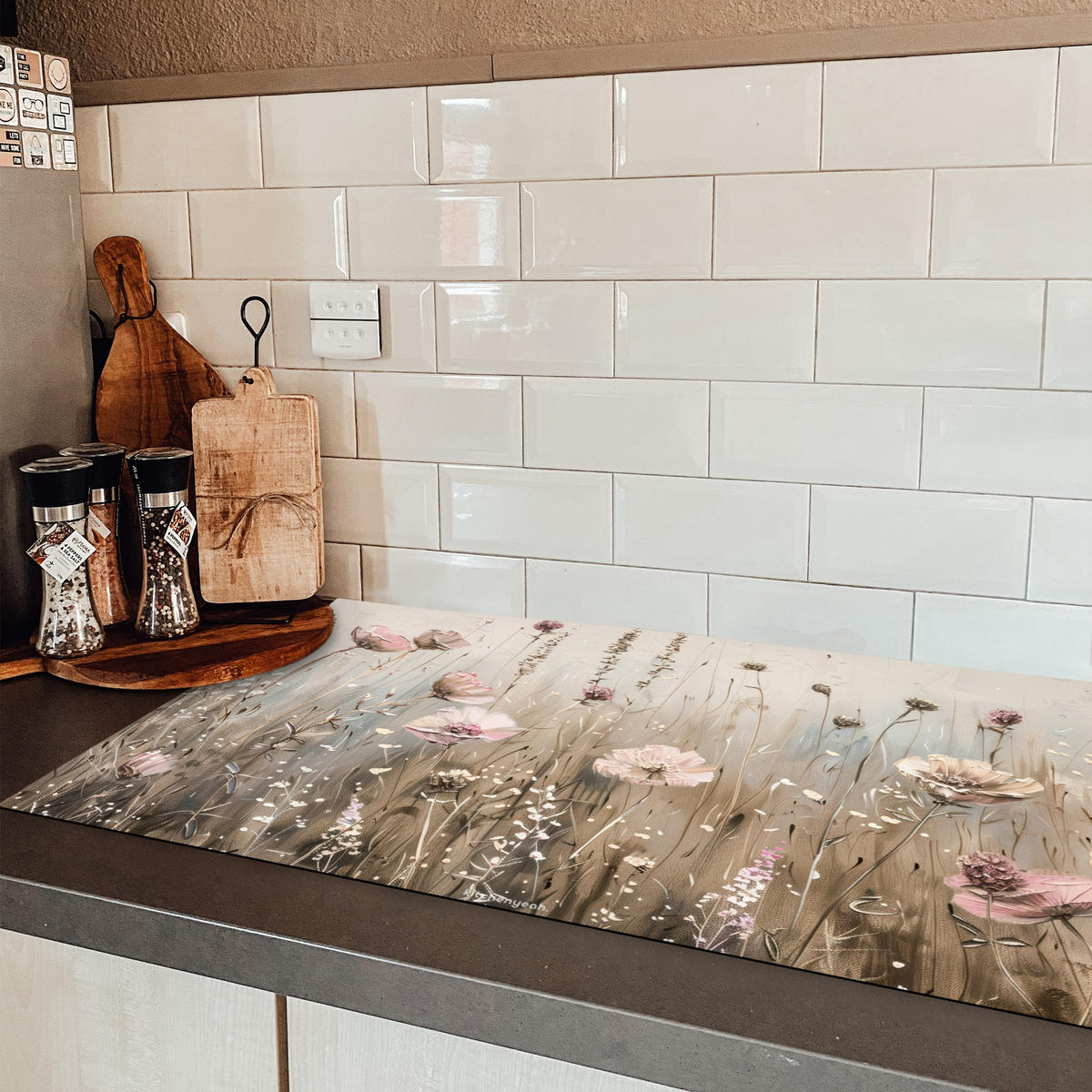 HERDABDECKPLATTE Blumen - Beige - Trockenblumen 89x51 cm - Beige, Kunststoff (89.6/51.6/0.2cm) - MuchoWow