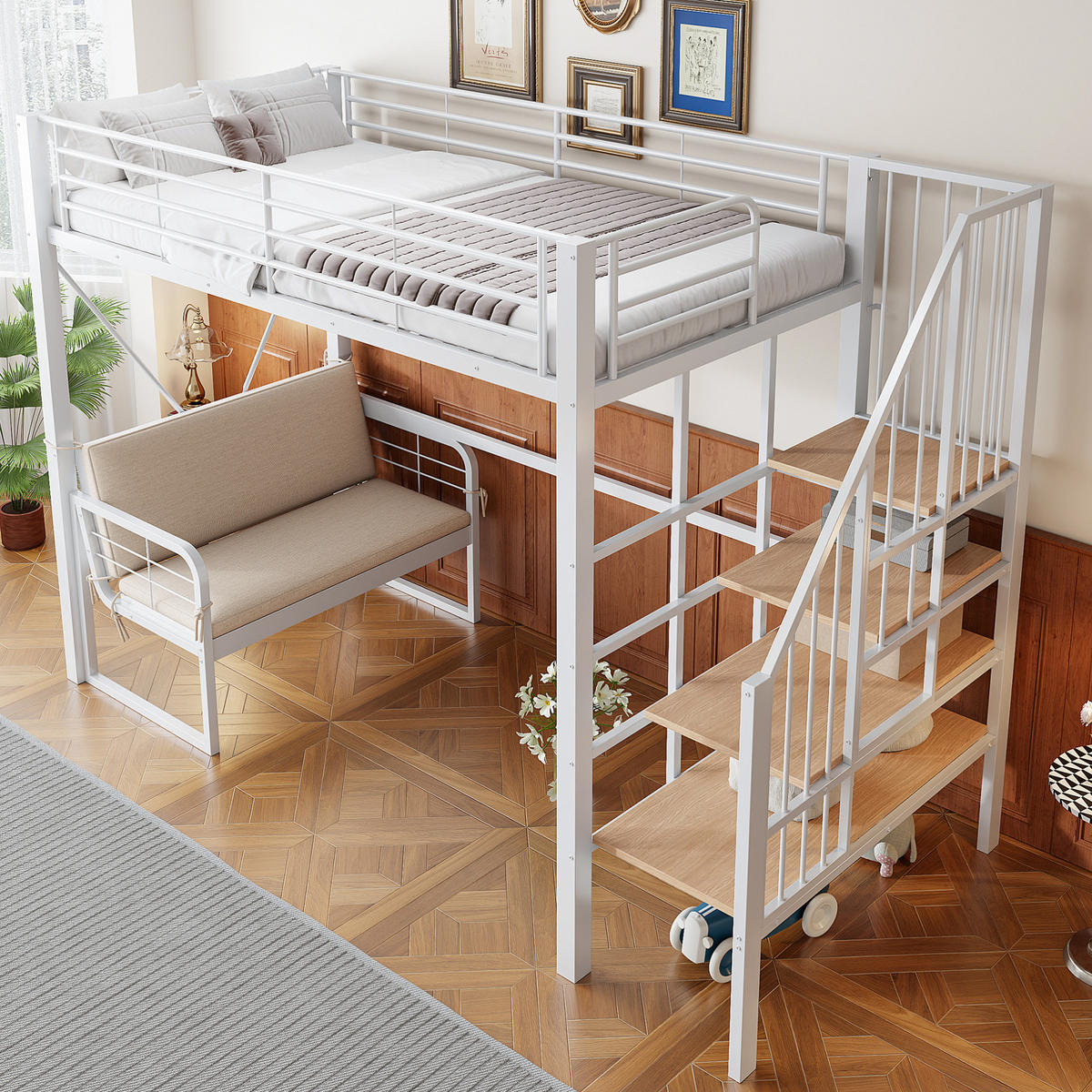 ETAGENBETT 90/200 cm, Weiß mit Stauraumleiter und Polstersofa - Weiß, Metall (90/200cm) - MIVRAY