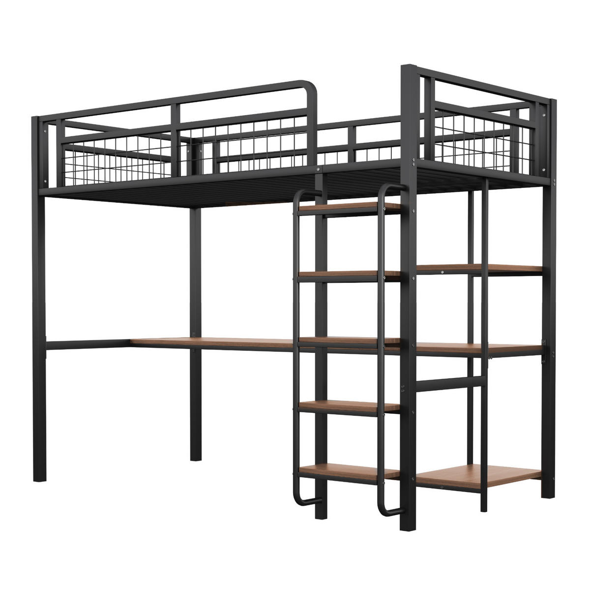 HOCHBETT 90/200 cm in Schwarz mit Schreibtisch, Regalen und Sicherheitsleiter - Schwarz, Metall (90/200cm) - Flora Grace