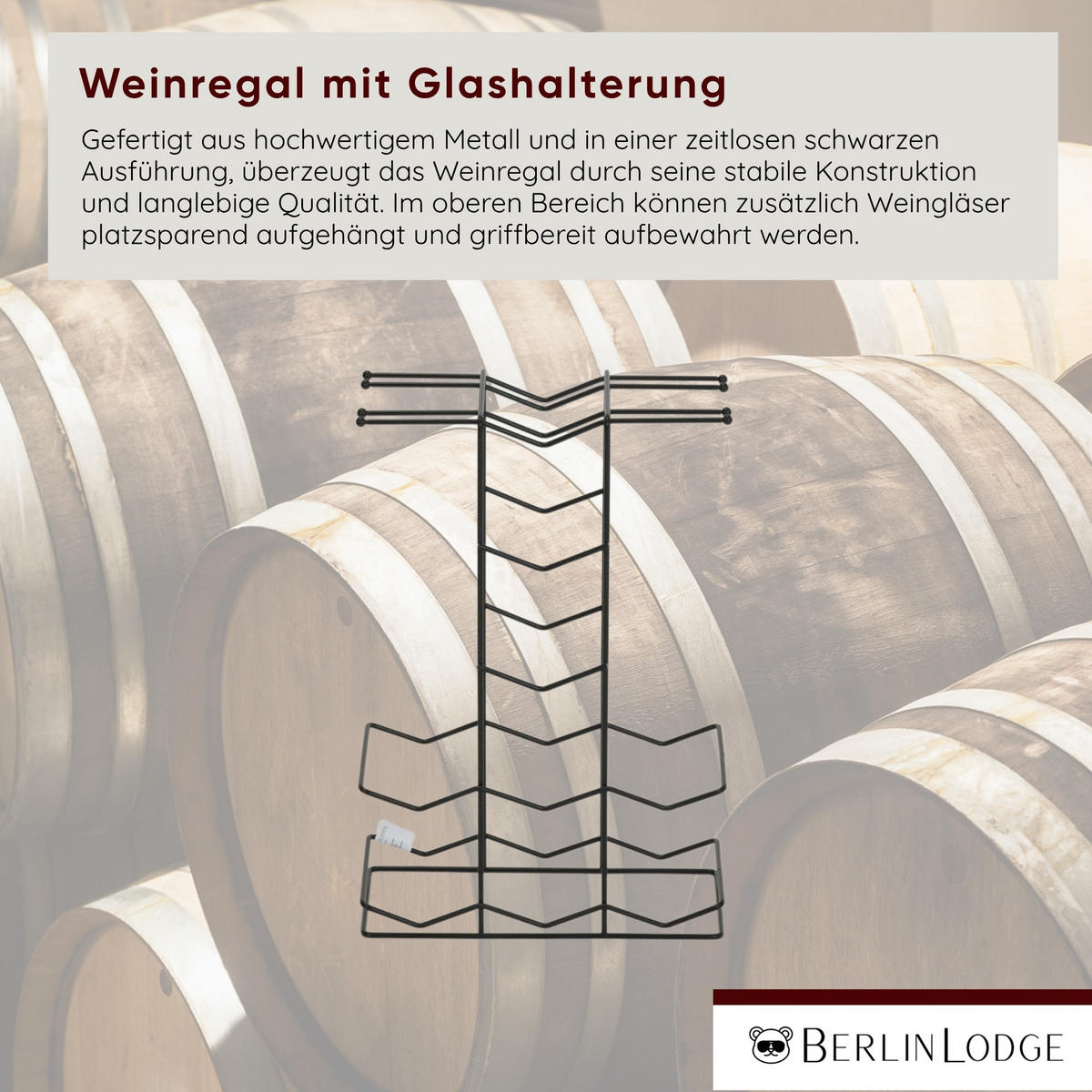 WEINREGAL Barossa mit Glashalter HxBxT 42x28x14 cm 9 Flaschen Schwarz - Schwarz, Metall (28/42/14cm) - BERLINLODGE