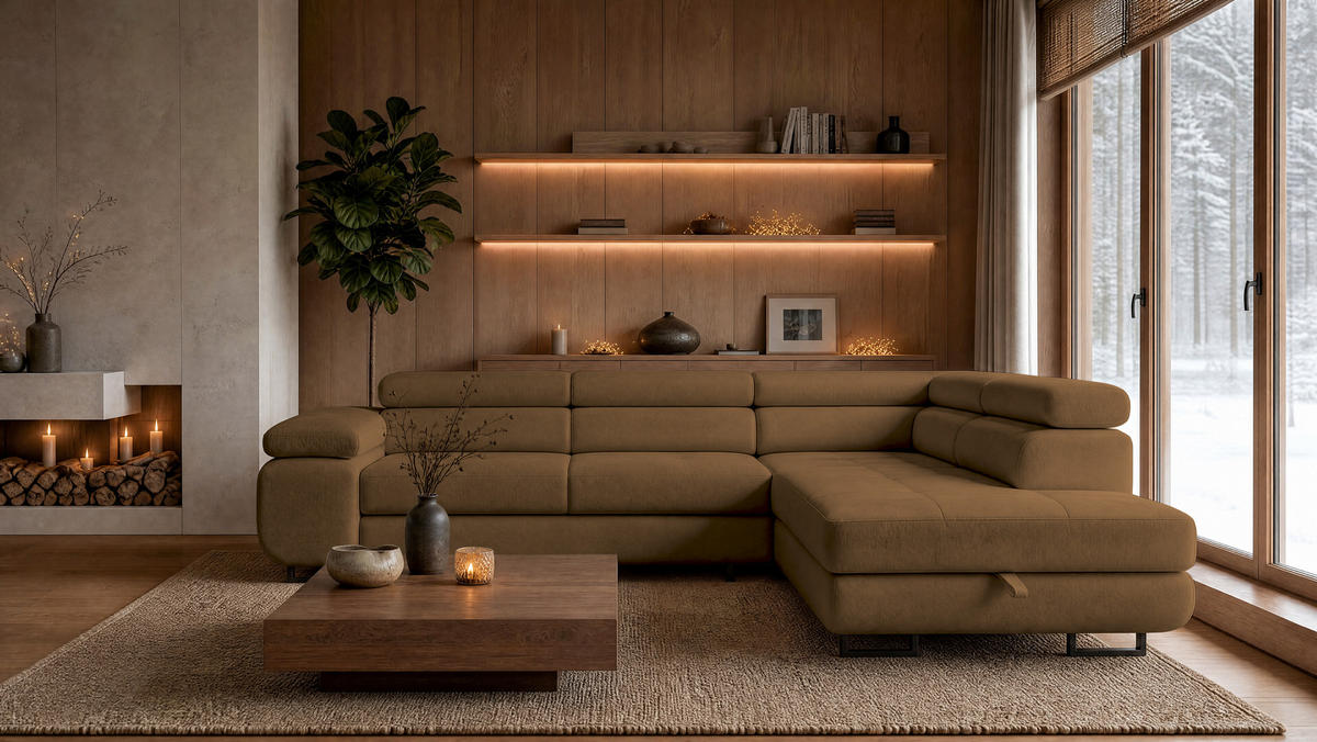 ECKSOFA Velmo mit Bettkasten und Schlaffunktion, verstellbaren Kopfstützen, in L-Form - Braun, Textil (275/203cm)