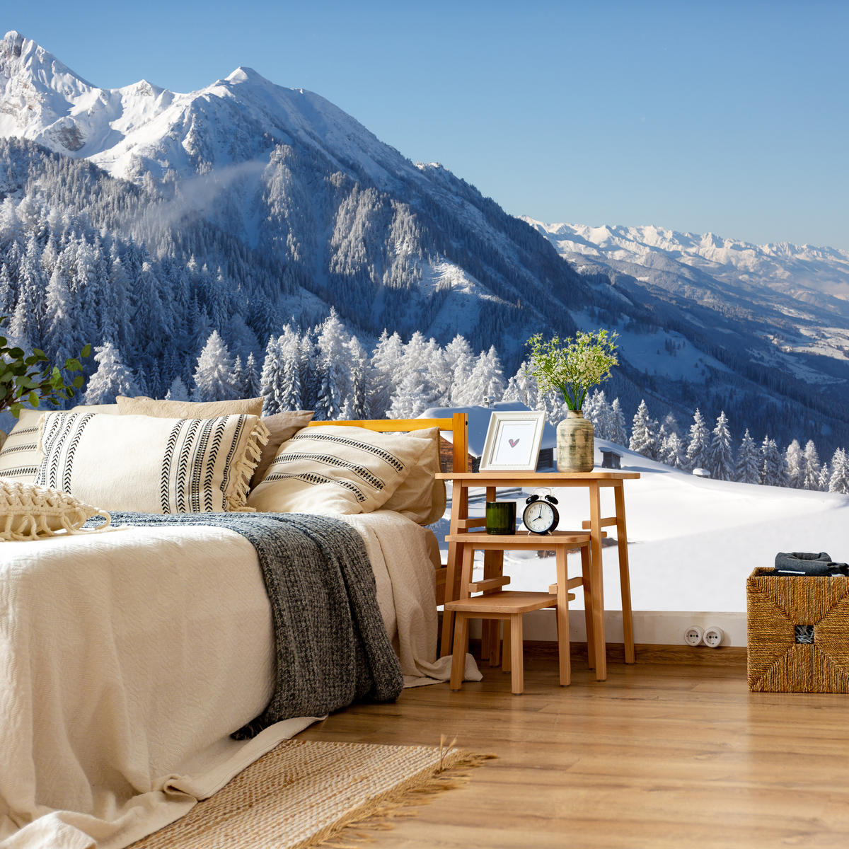FOTOTAPETA Pre Obývaciu Izbu Drevená Chata Hory Stromy Zima 450 x 315 cm - biela, papier (450/315cm) - Muralo