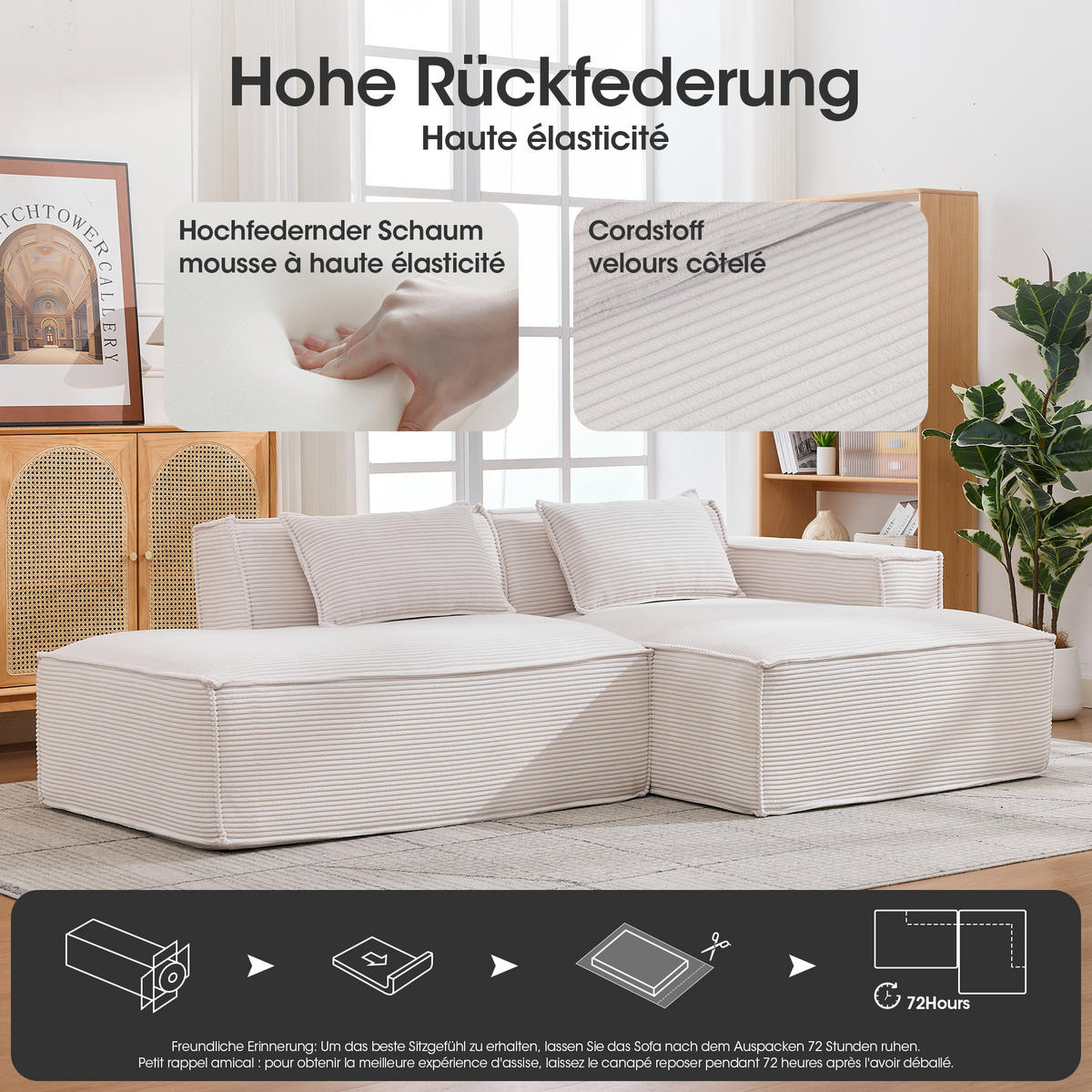 ECKSOFA gepolstert mit taschenfederkern & 2 kissen - Beige, Textil (235/129cm) - Urban Meuble