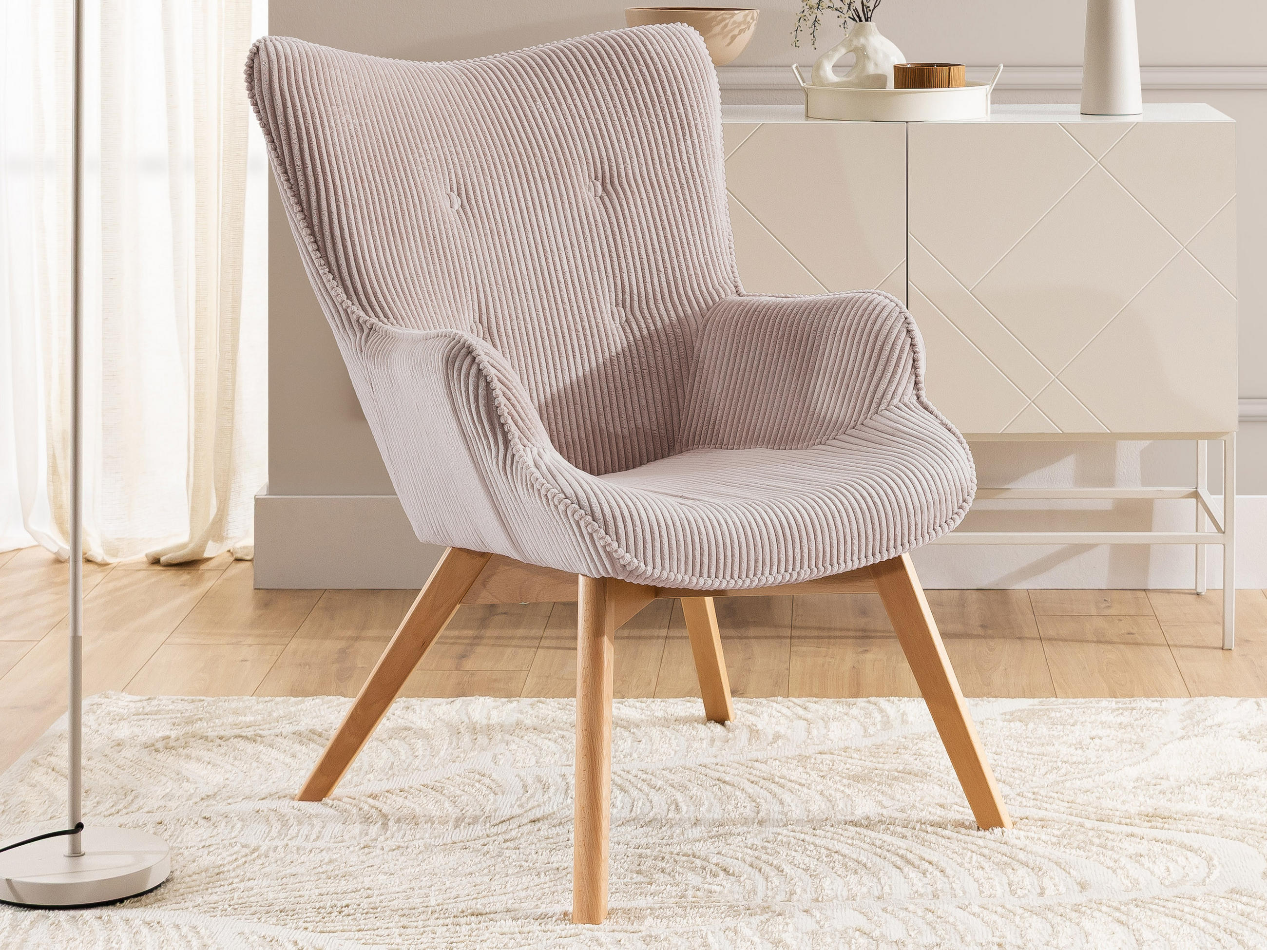 LOUNGESESSEL Lenari Puderrosa Cordstoff mit Füßen in Natur - Hellrosa/Naturfarben, Holz/Textil (71/96/86cm) - S-Style Möbel