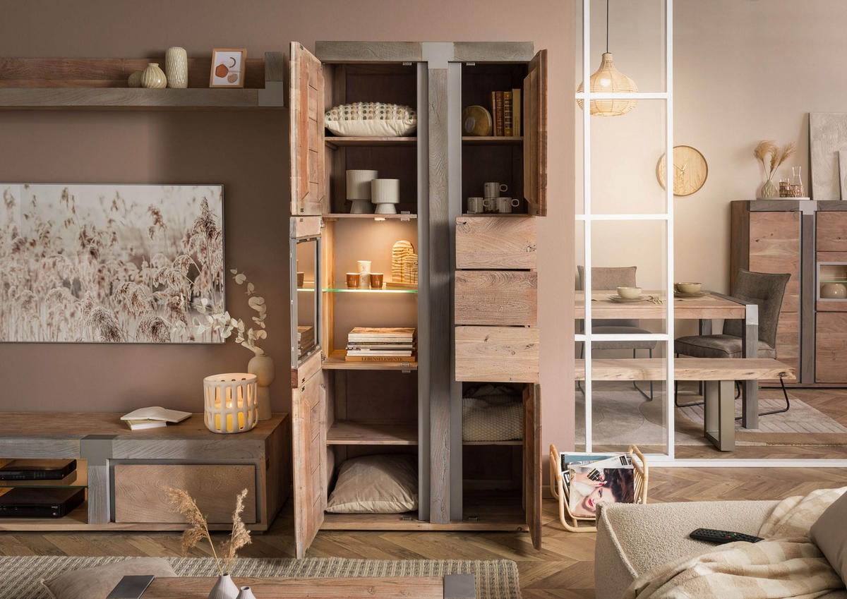 VITRINE Akazie 90x45x204 beige lackiert Amsterdam #108 - Beige, Holz (90/204/45cm) - Massivmoebel24