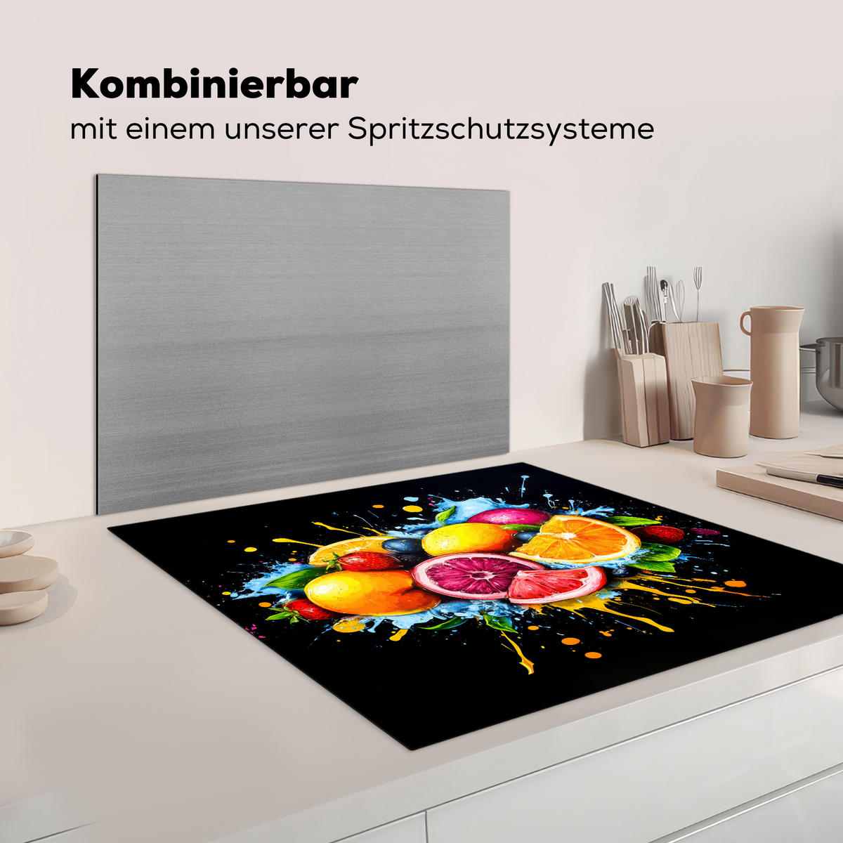 KRYT NA INDUKČNÍ DESKU Ovoce - graffiti - barevné - pomeranč - jahoda - abstraktní 78x78 cm - pomerančová, plast (78/78/0.2cm) - MuchoWow