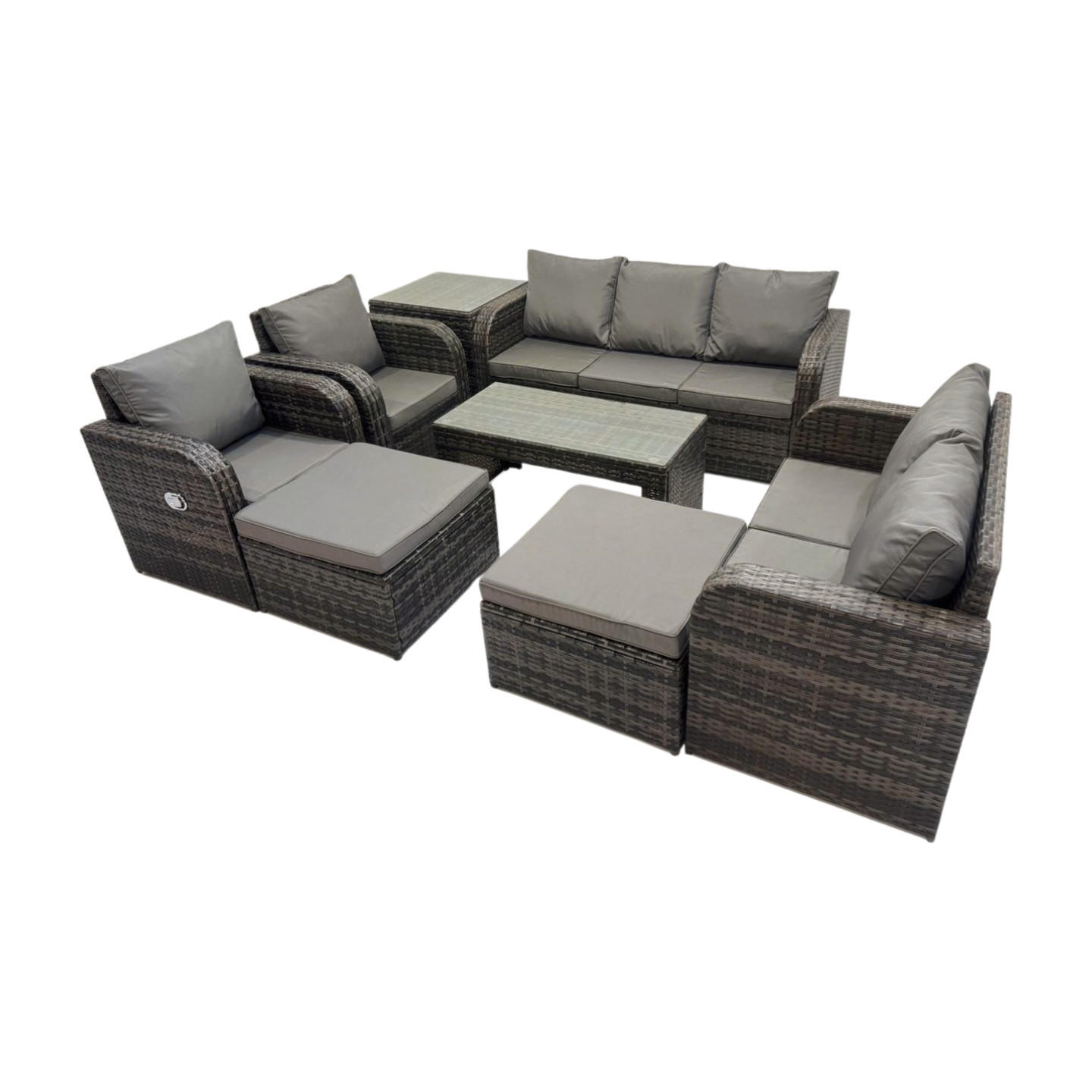GARTENSOFA SET mit rechteckigem COUCHTISCH Polyrattan 9-Sitzer Dunkelgrau - Dunkelgrau/Grau, Glas/Kunststoff - Fimous
