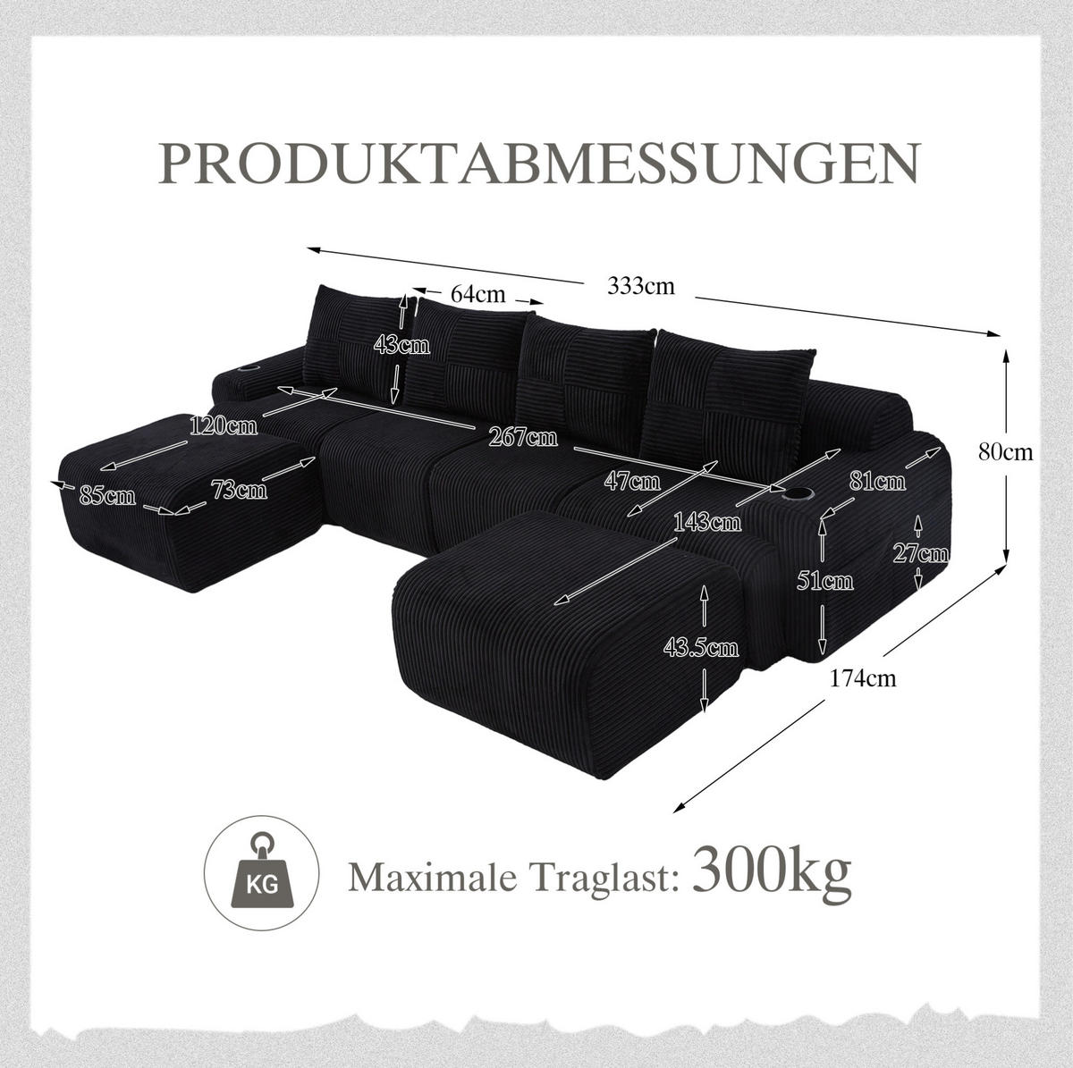 WOHNLANDSCHAFT Modulares Sofa 333/174/80 cm schwarz aus Cord mit Getränkehalter und Seitentasche - Schwarz, Textil (174/80/333cm) - Modenvie