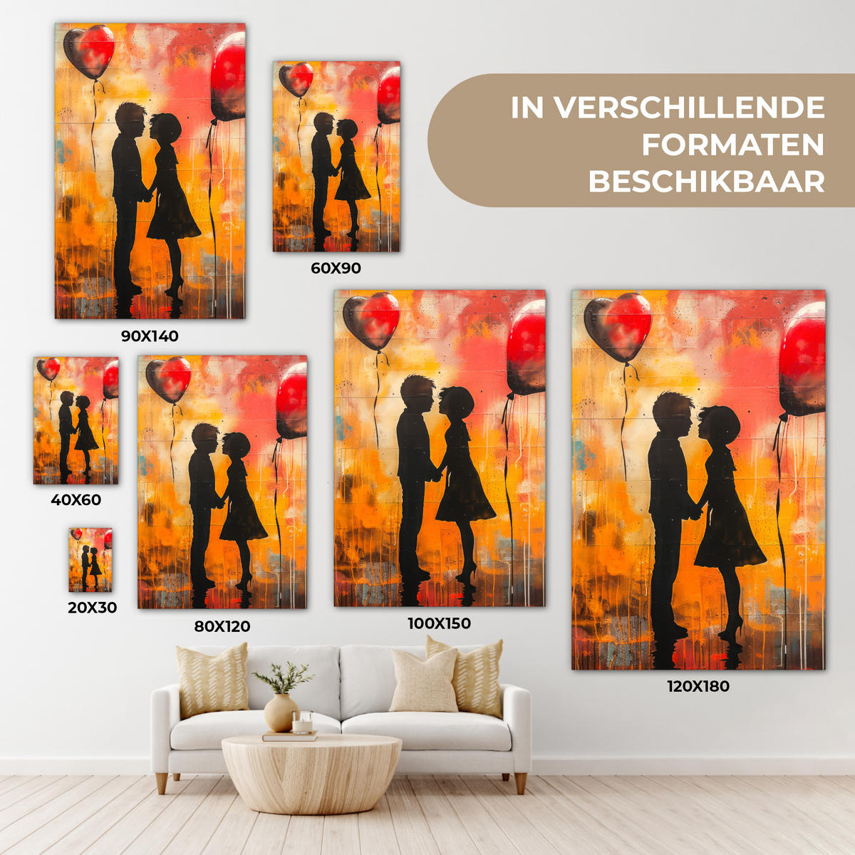 LEINWANDBILD Straßenkunst - Liebe - Graffiti - Kunst - Banksy Wanddeko Schlafzimmer 60x90 cm - Orange, Textil (60/90cm) - MuchoWow