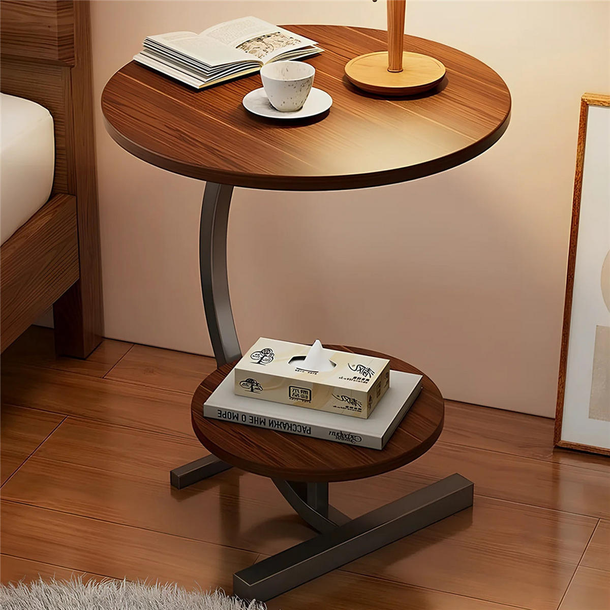BEISTELLTISCH rund 2 Ebenen Couchtisch Sofatisch Wohnzimmer - Braun, Holz (40/40/60cm) - Kaket
