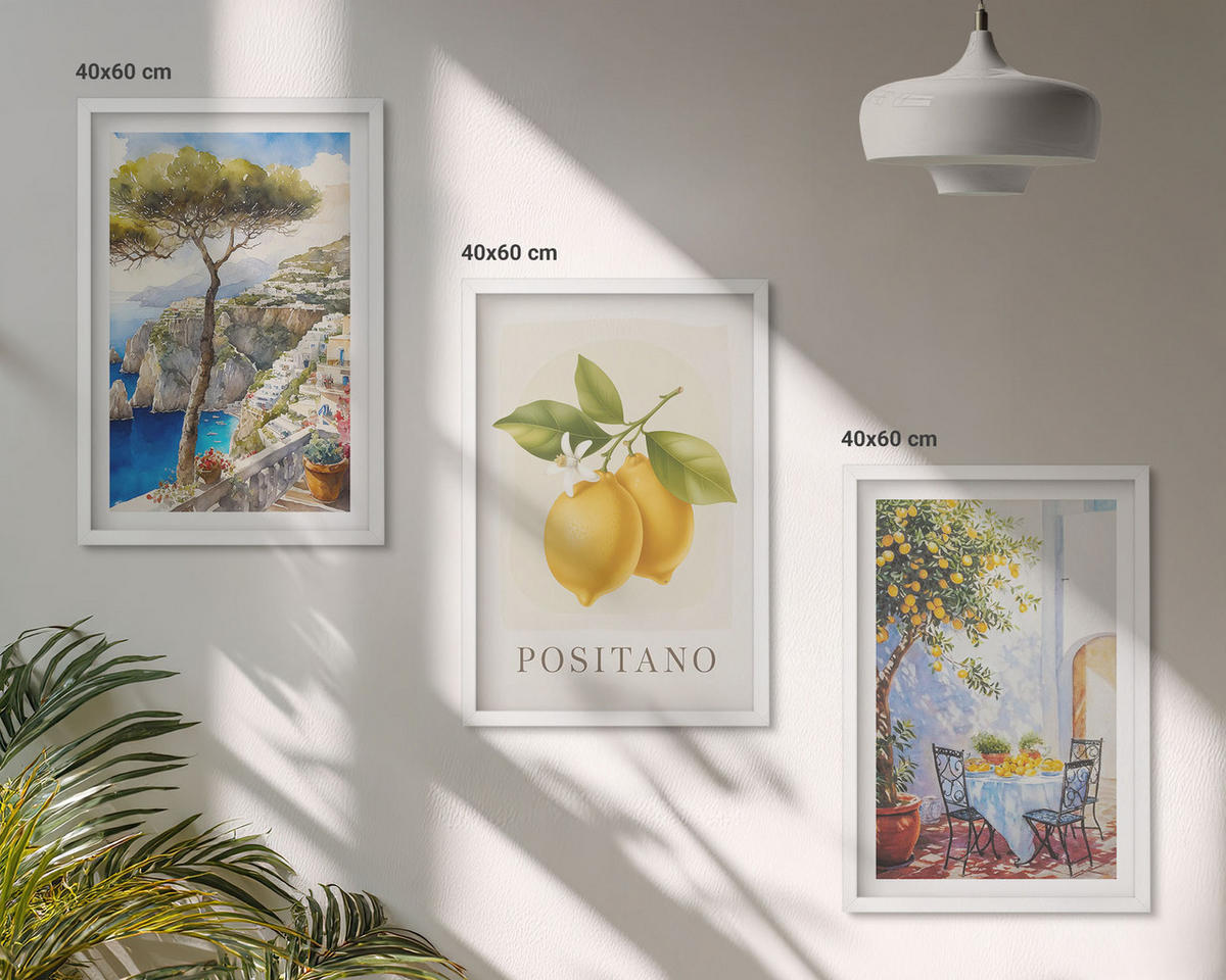 BILDER SET 3er Set - 40x60 cm Weißer Rahmen - Ansichten von Positano mit Zitronen - Weiß, Kunststoff (40/60cm) - TULUP