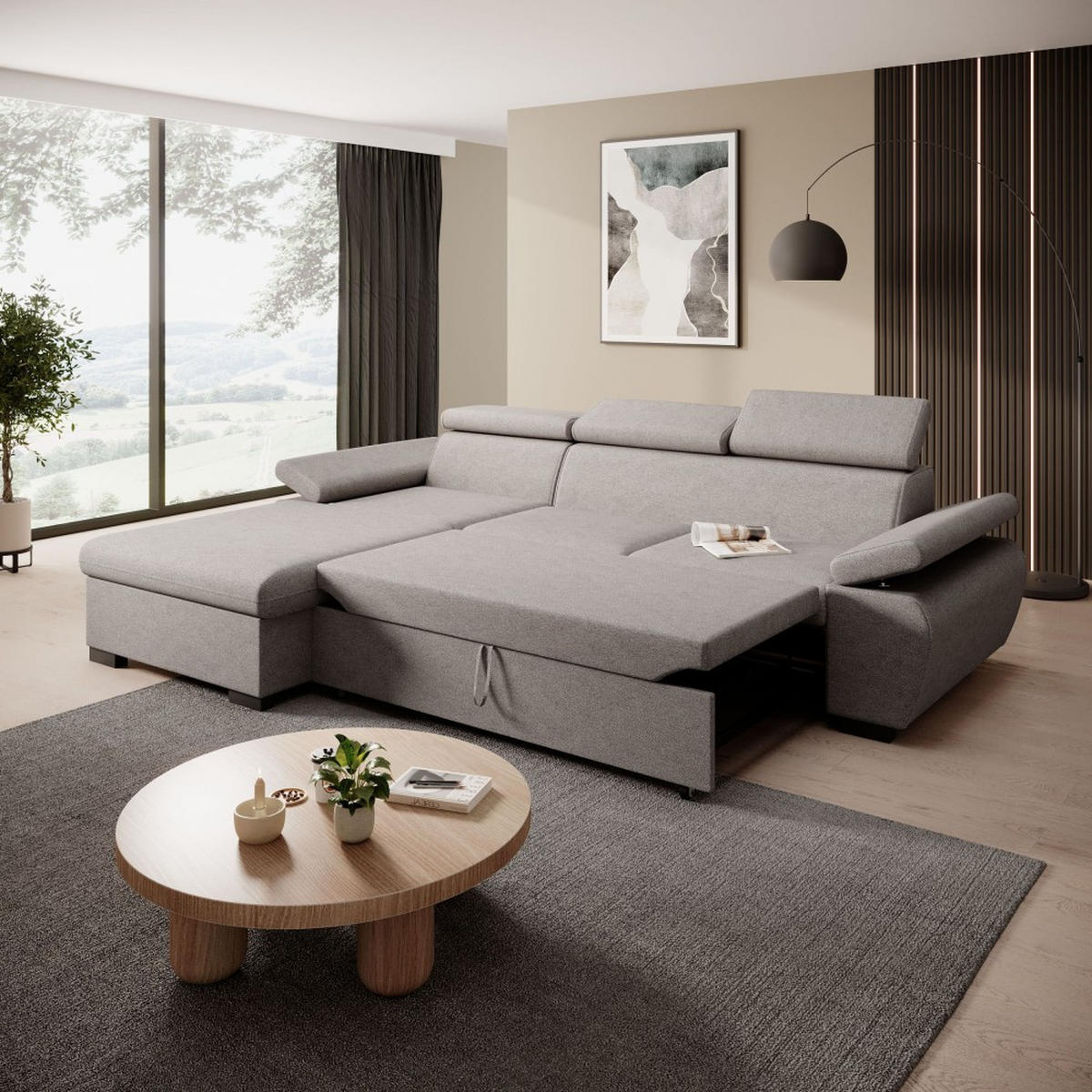 ECKSCHLAFSOFA Coco mit verstellbare Kopfstützen, grau, links - Grau, Textil (273/191cm) - Beautysofa