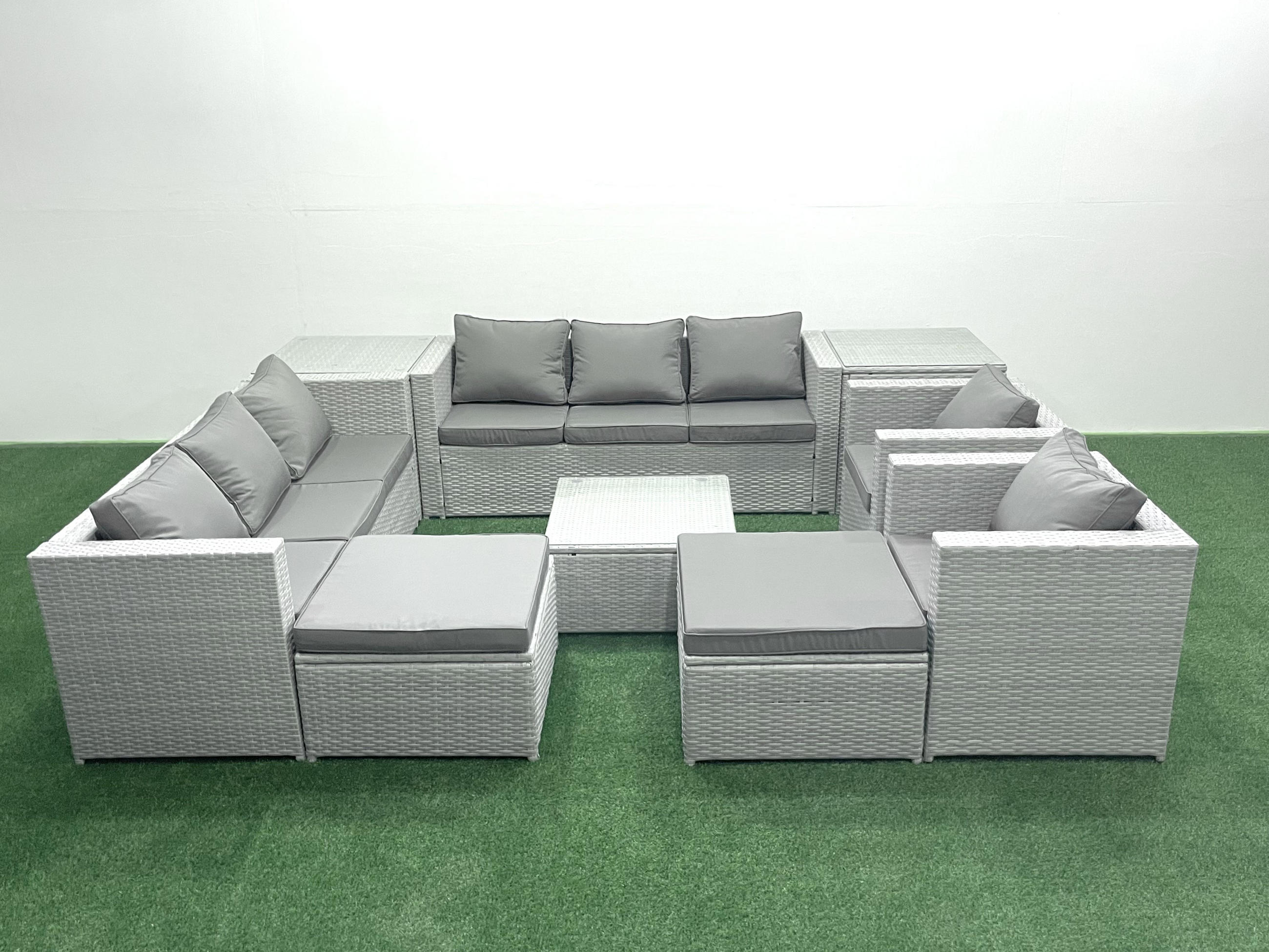 GARTENMÖBEL-SET mit Kissen Polyrattan Hellgrau-Mix 10-Sitzer - Hellgrau/Grau, Glas/Kunststoff - Fimous