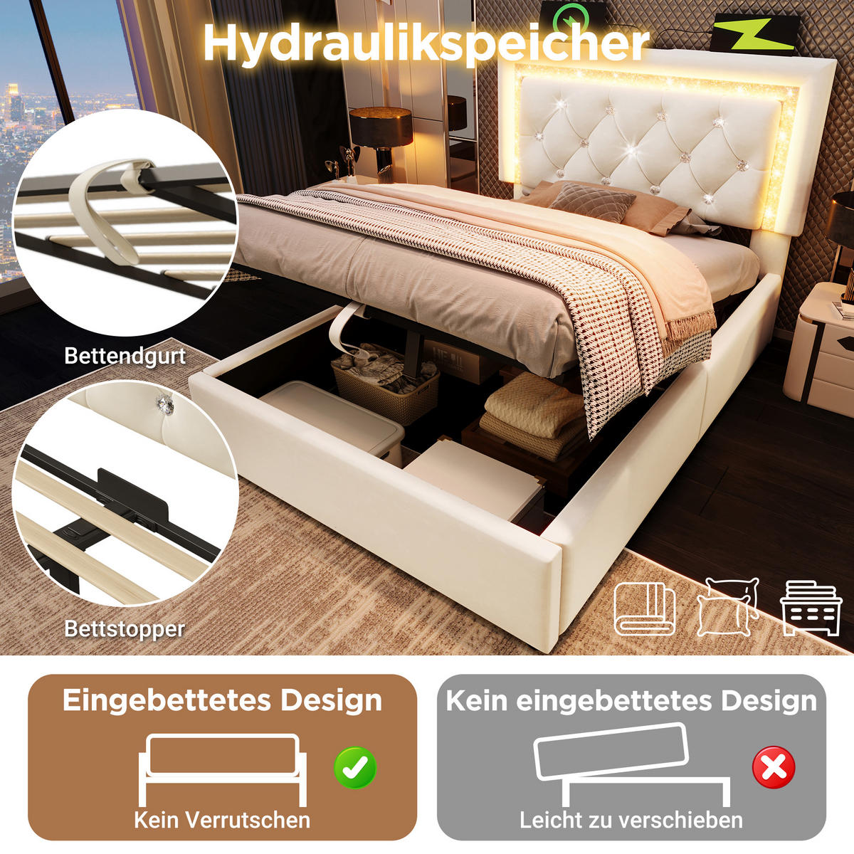 POLSTERBETT 90/200 cm Beige mit LED-Beleuchtung und Bettkasten aus Samt - Beige, Textil (90/200cm) - OKWISH