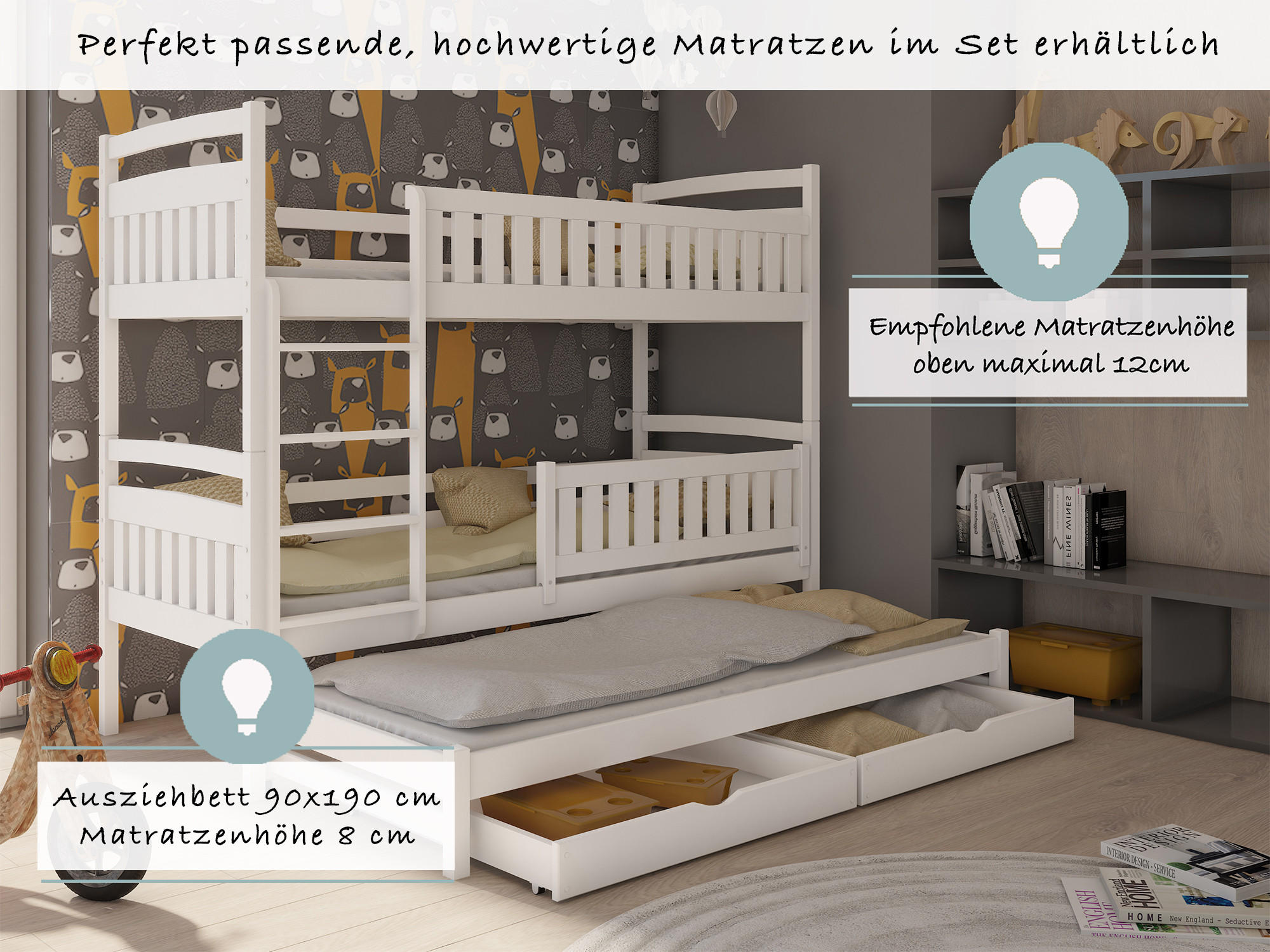 ETAGENBETT 90x200 cm mit Ausziehbett & zwei Schubladen in weiss - Weiß, Holz (90/200cm) - Kids Collective