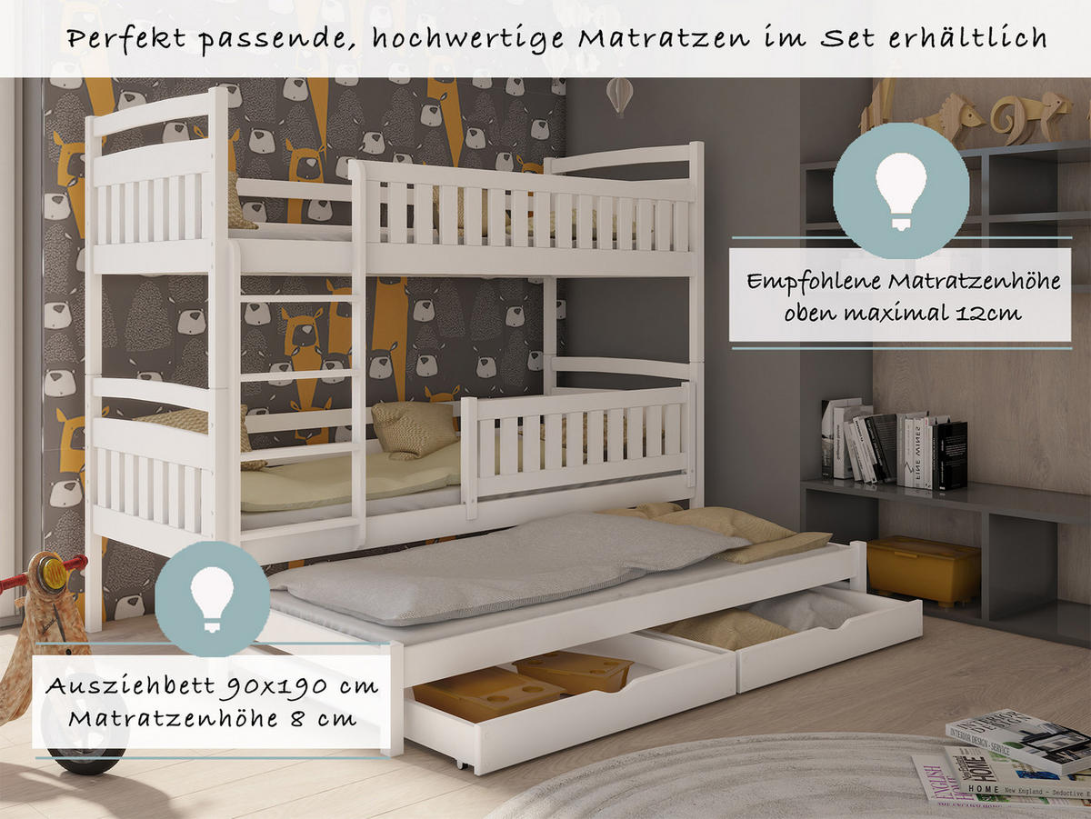 ETAGENBETT 90x200 cm mit Ausziehbett & zwei Schubladen in weiss - Weiß, Holz (90/200cm) - Kids Collective