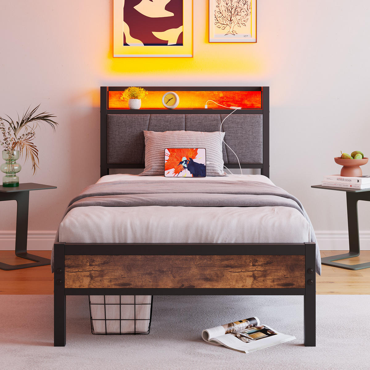 METALLBETT 90x200 cm LED USB Stauraum - Dunkelbraun, Holzwerkstoff (90/200cm) - Fortuna Lai