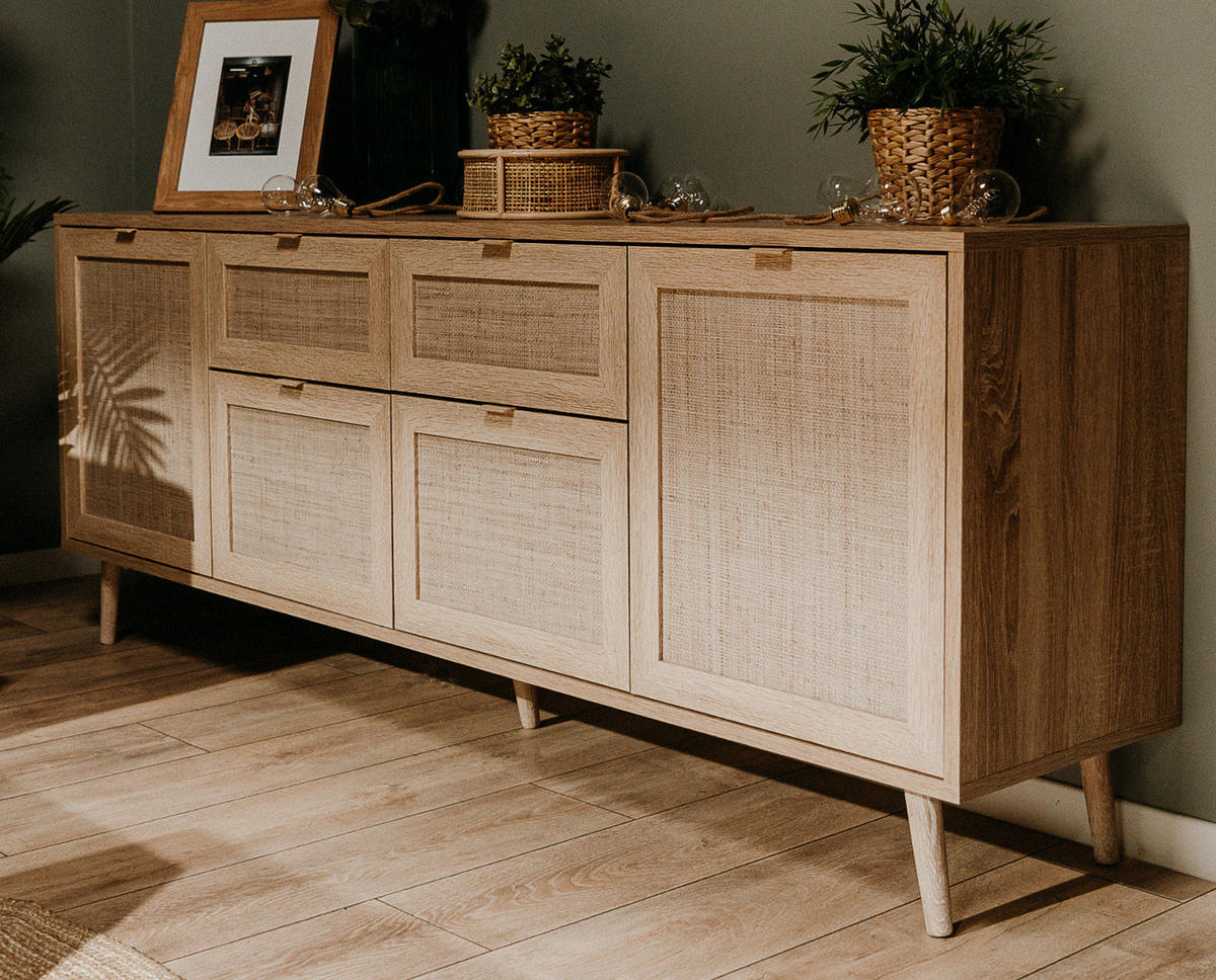 SIDEBOARD Eiche Sonoma, Bast-Dekor 180 cm, Kommode skandinavisch - Eichefarben, Holz/Holzwerkstoff (180/71/40cm) - Furn.Design