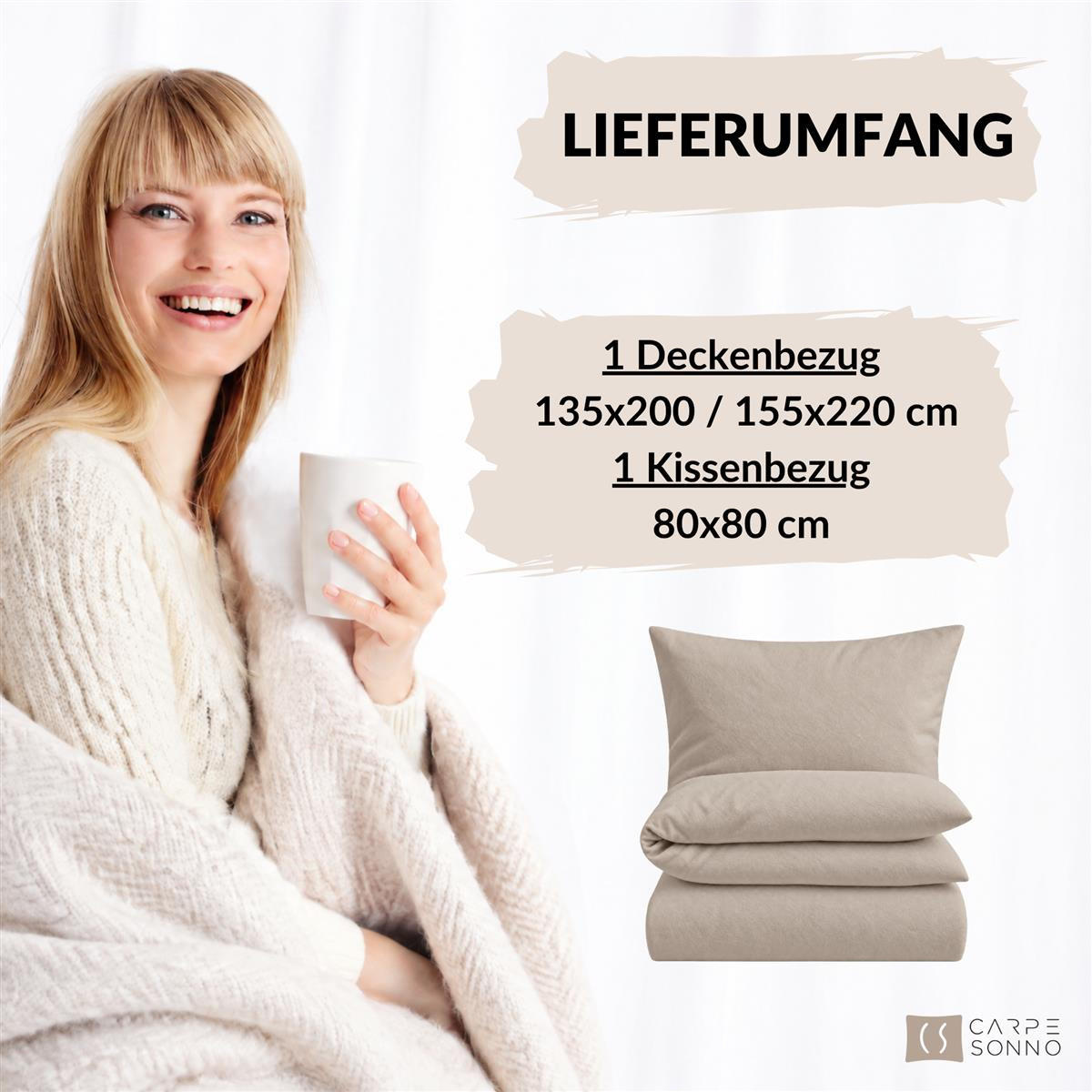 BIBER-BETTWÄSCHE 135x200 - Kuschelig warmer Flanell Bettbezug aus 100% Baumwolle für Herbst & Winter - Beige Uni - Beige, Textil (135/200cm) - Carpe Sonno