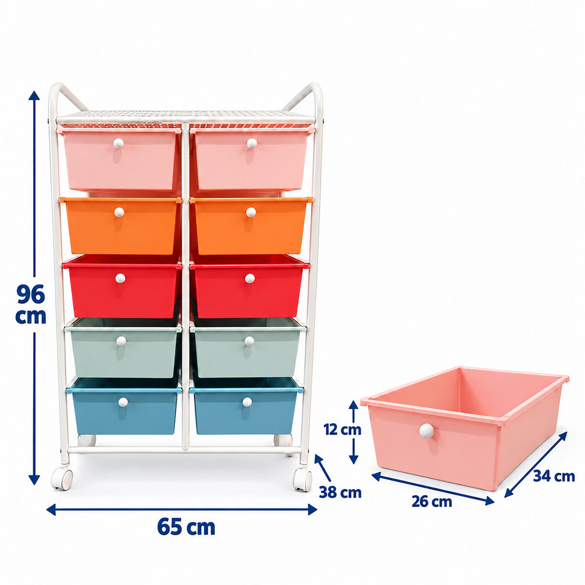 VOZÍK Bílý 10 zásuvek - bílá, kov/plast (65/96/38cm) - Relaxdays